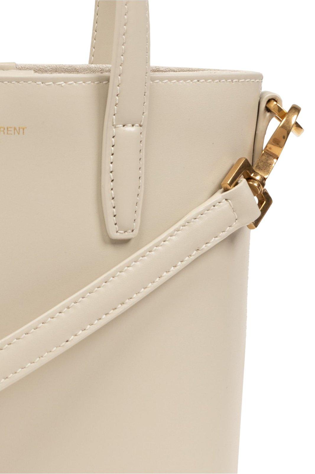 Shop Saint Laurent Logo Printed Mini Shopping Bag In Crema Soft