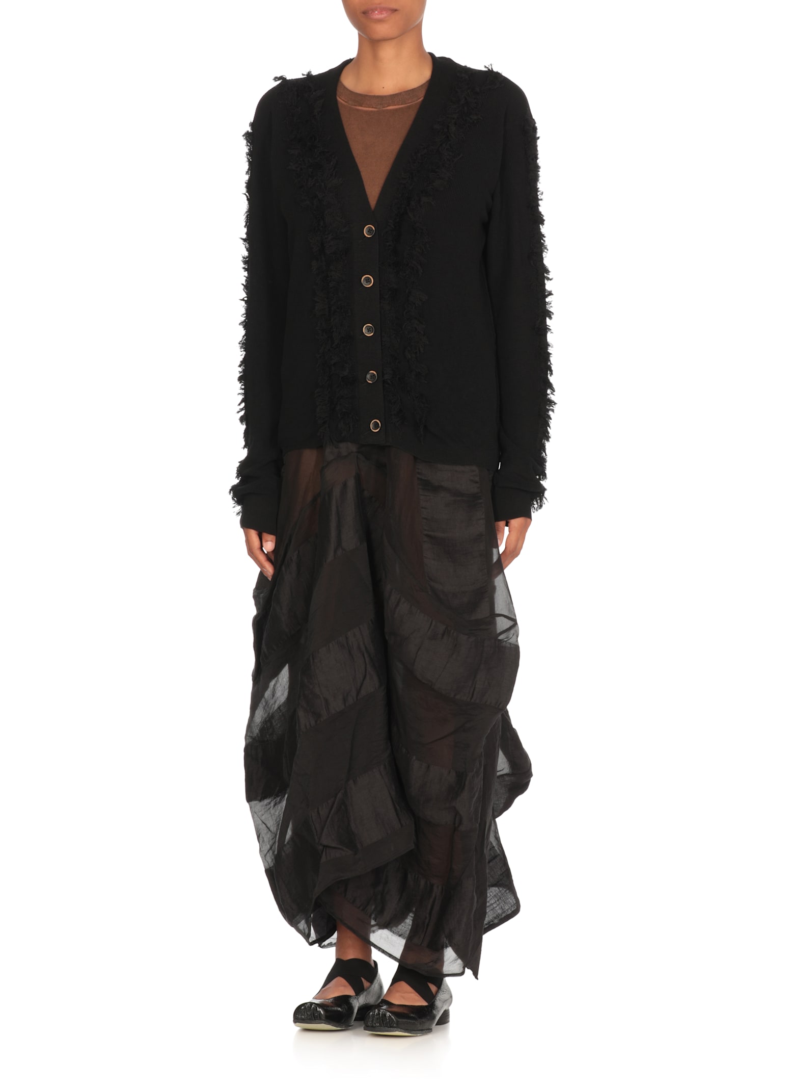 Uma Wang Textured Black Cotton Cardigan With Fringed Details In Black