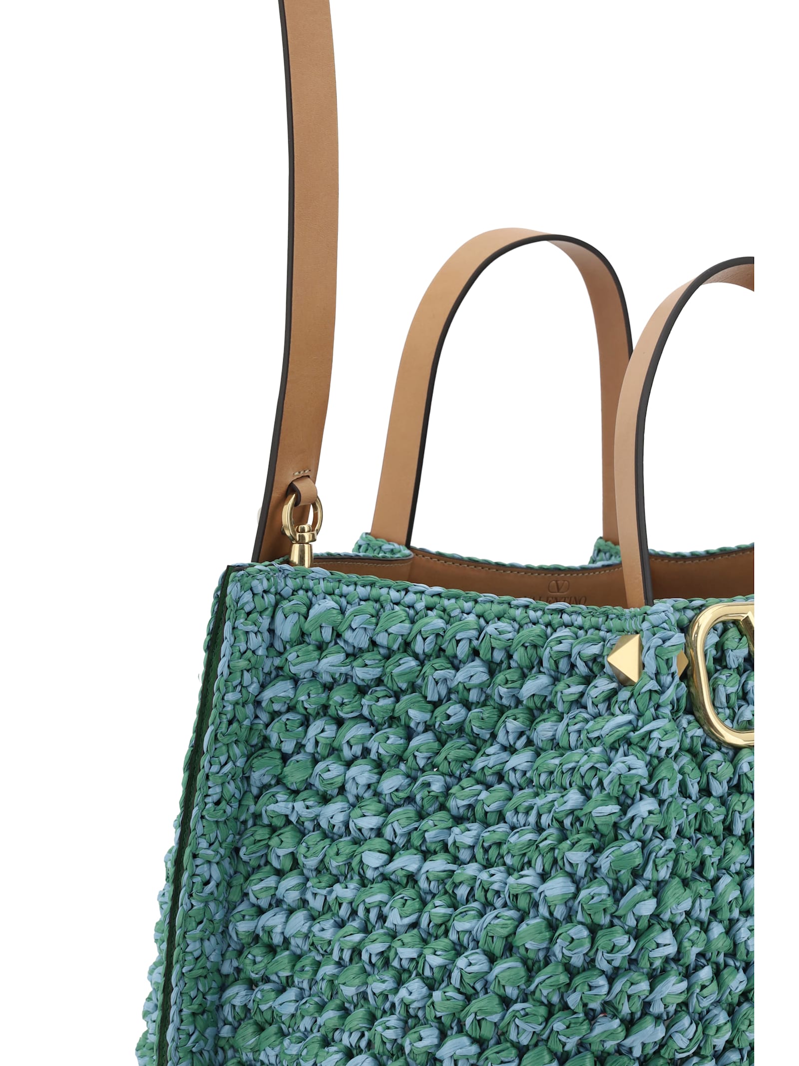 Shop Valentino Raffia Tote Bag In Verde-azzurro/natural Camel/h.blu-b.gras