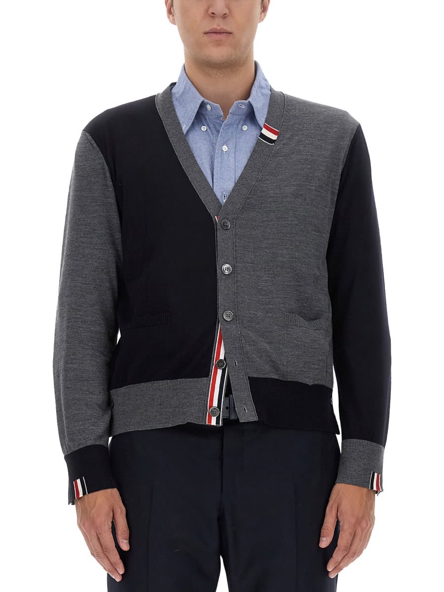 Shop Thom Browne Virgin Wool Cardigan In Blue