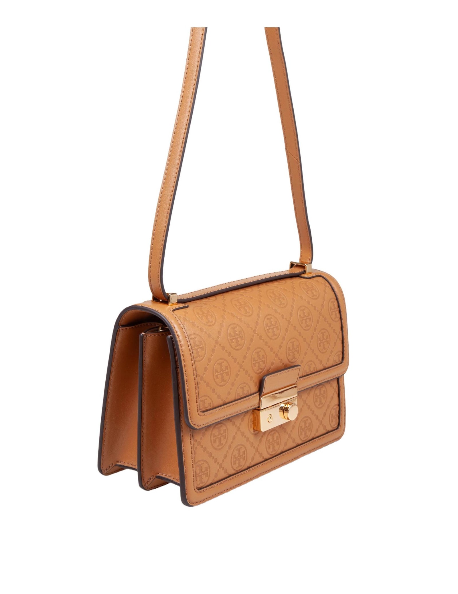 Shop Tory Burch Shoulder Bag In Monogram Leather Color Leather In Tan