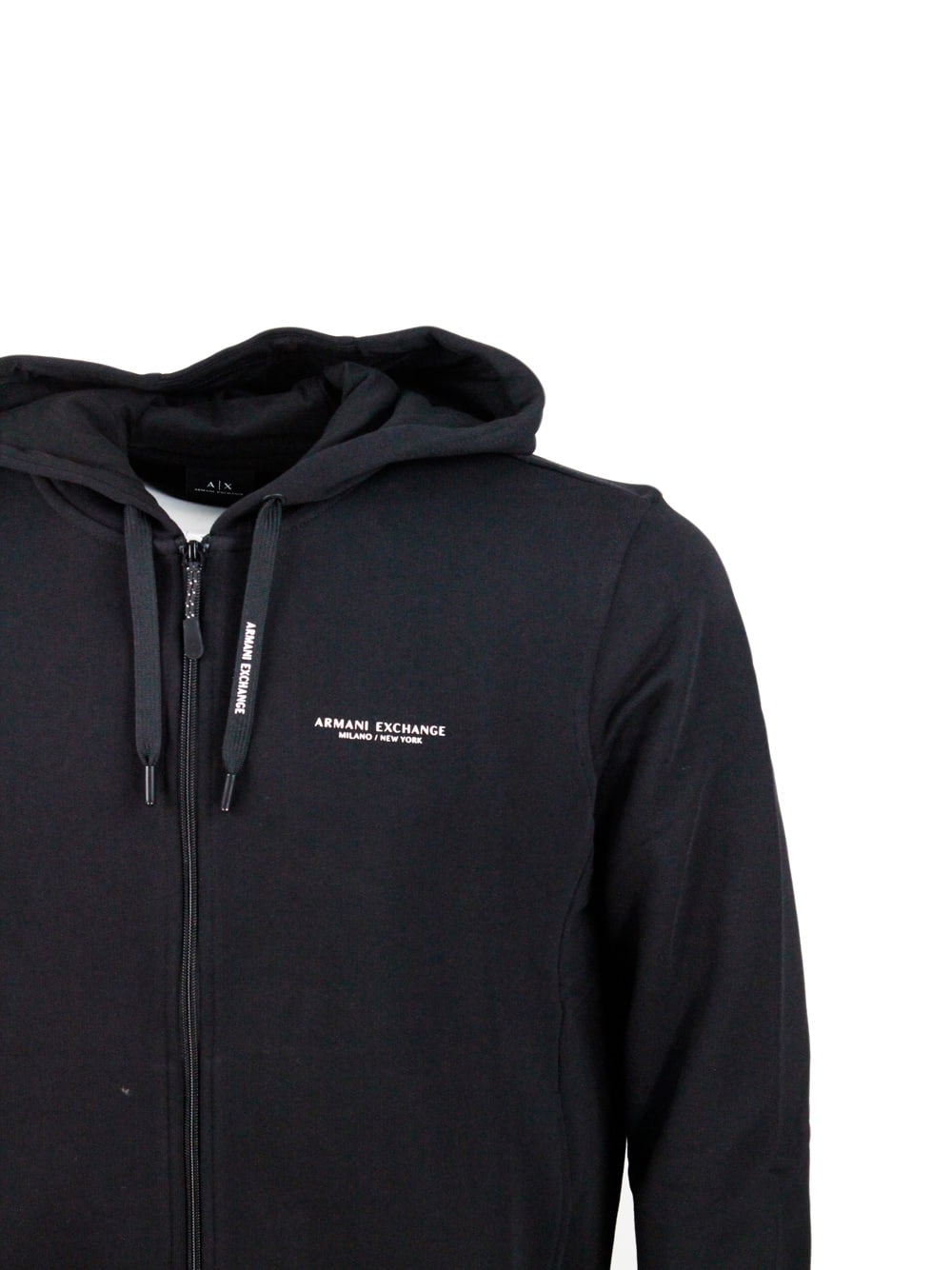 Shop Armani Collezioni Long-sleeved Full Zip Drawstring Hoodie With Small Logo On The Chest In Black