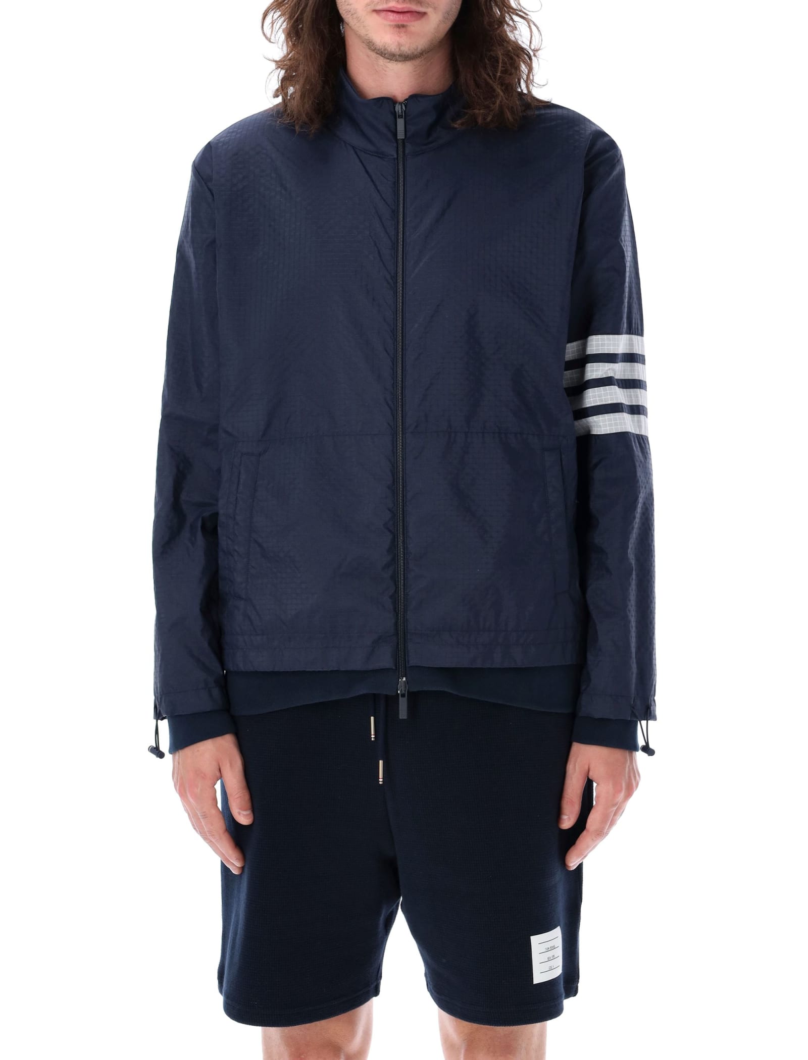 Shop Thom Browne Funnel Neck Jacket With 4 Bars In Navy