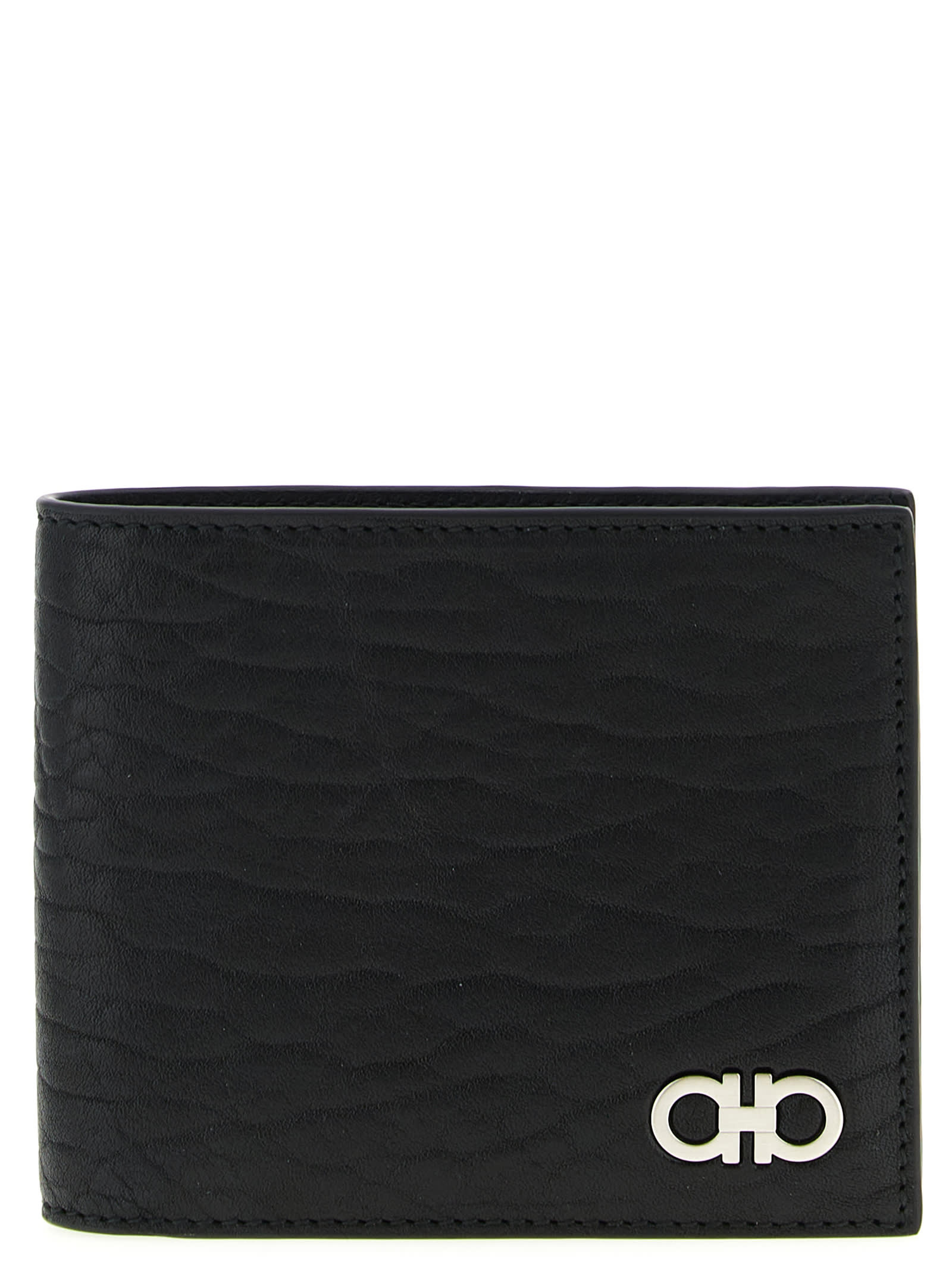 Ferragamo Revival Black Wallet With Gancini Buckle On The Front In Hammered Leather Man In Black