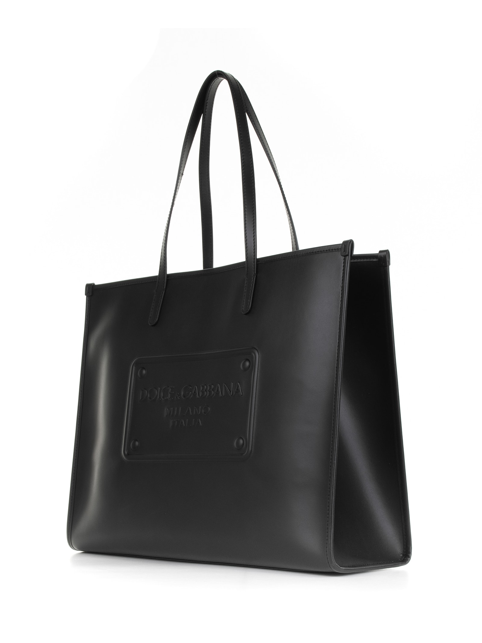 Shop Dolce & Gabbana Leather Shopping Bag With Embossed Logo In Nero