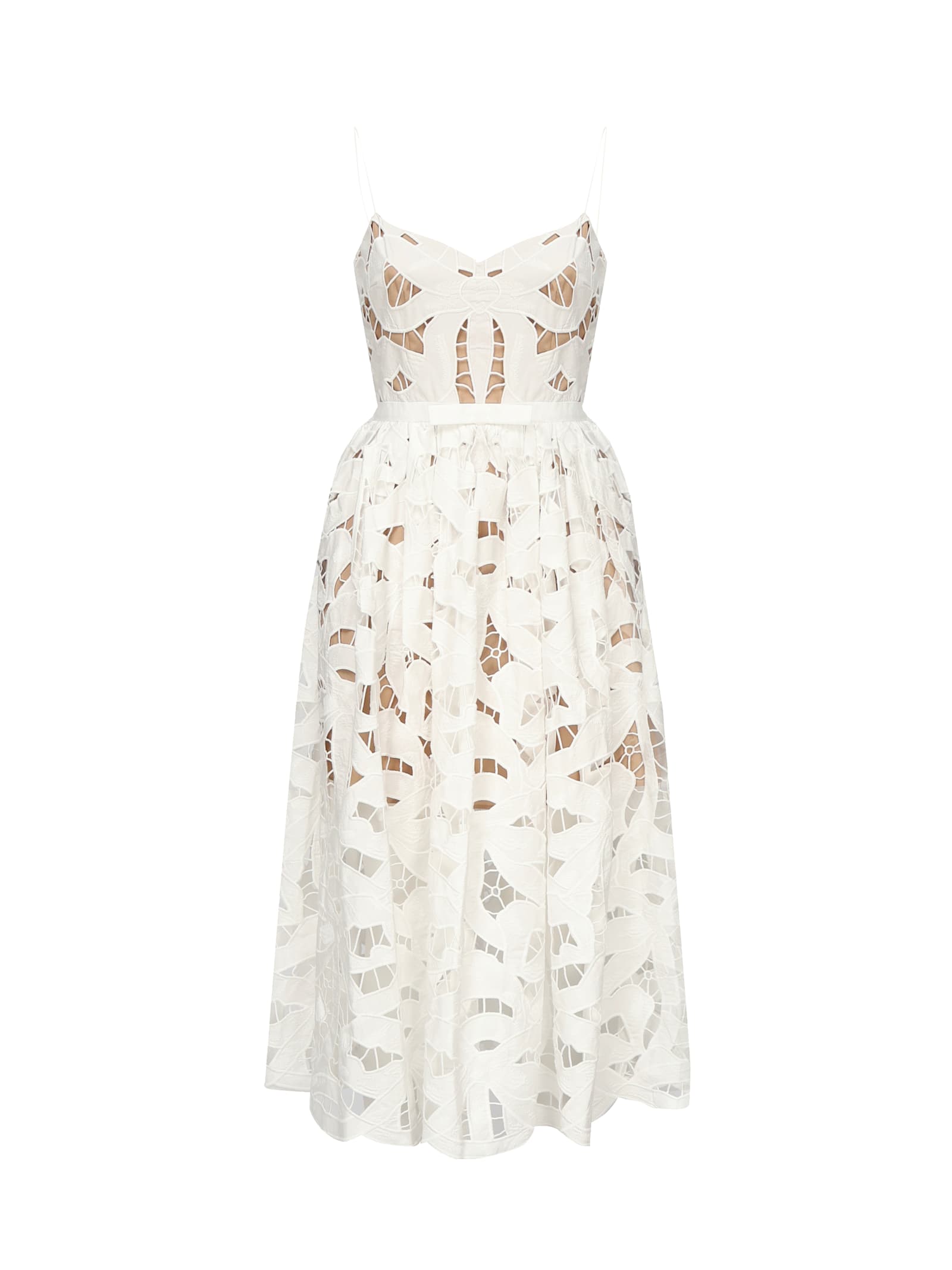Self-portrait Embroidered Midi Dress With Bow In White