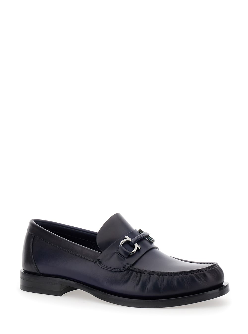 Shop Ferragamo Fort Blue Slip-on Loafers With Gancini Detail In Brushed Leather Man