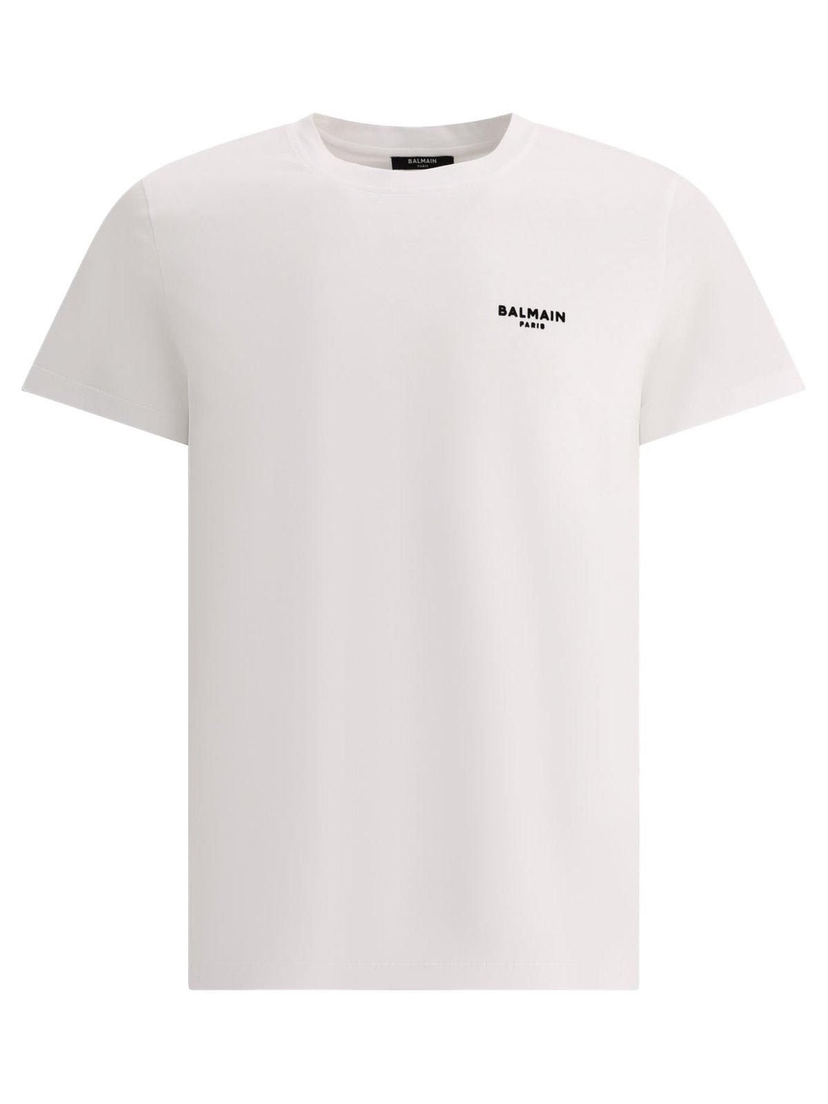Shop Balmain Logo Flocked Crewneck T-shirt In White