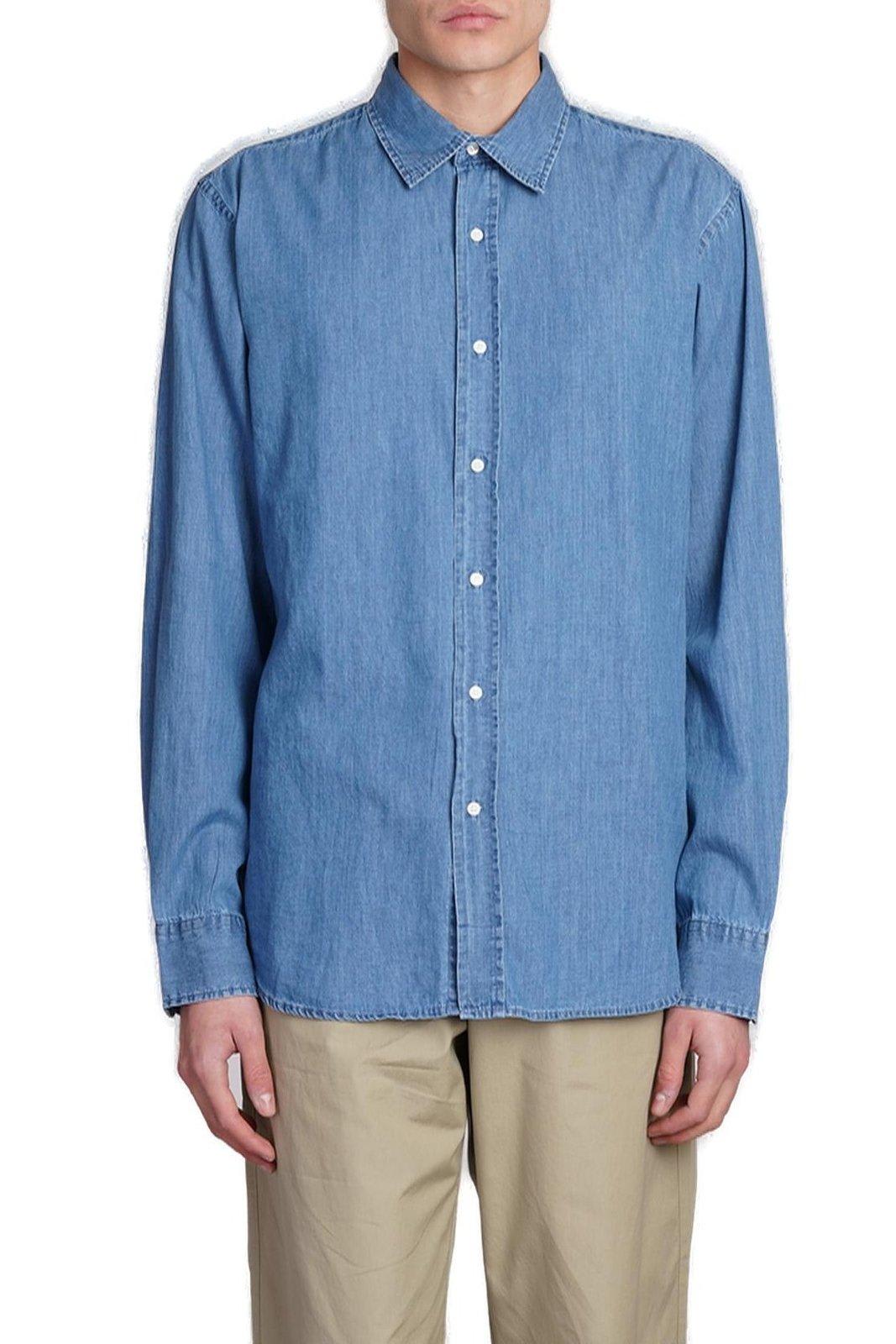 Shop Aspesi Long Sleeved Buttoned Denim Shirt