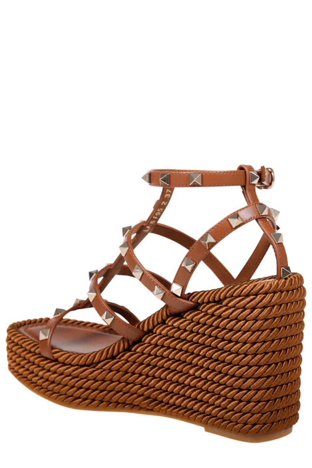 Valentino Rockstud Torchon 105 Leather Espadrille Wedge Sandals In Brown