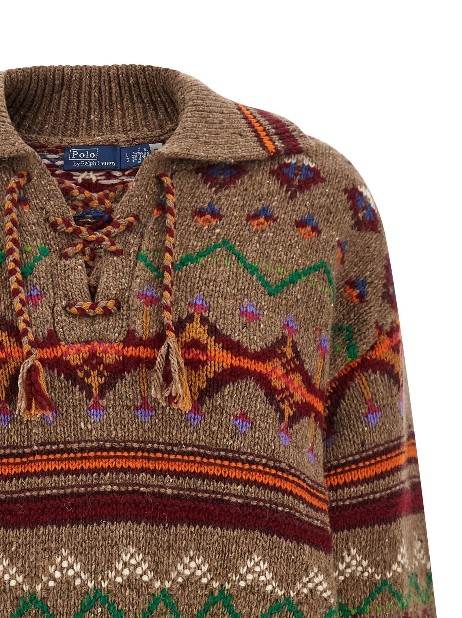 Polo Ralph Lauren Jacquard Patterned Wool Sweater With Lace-up V-neck In Multi