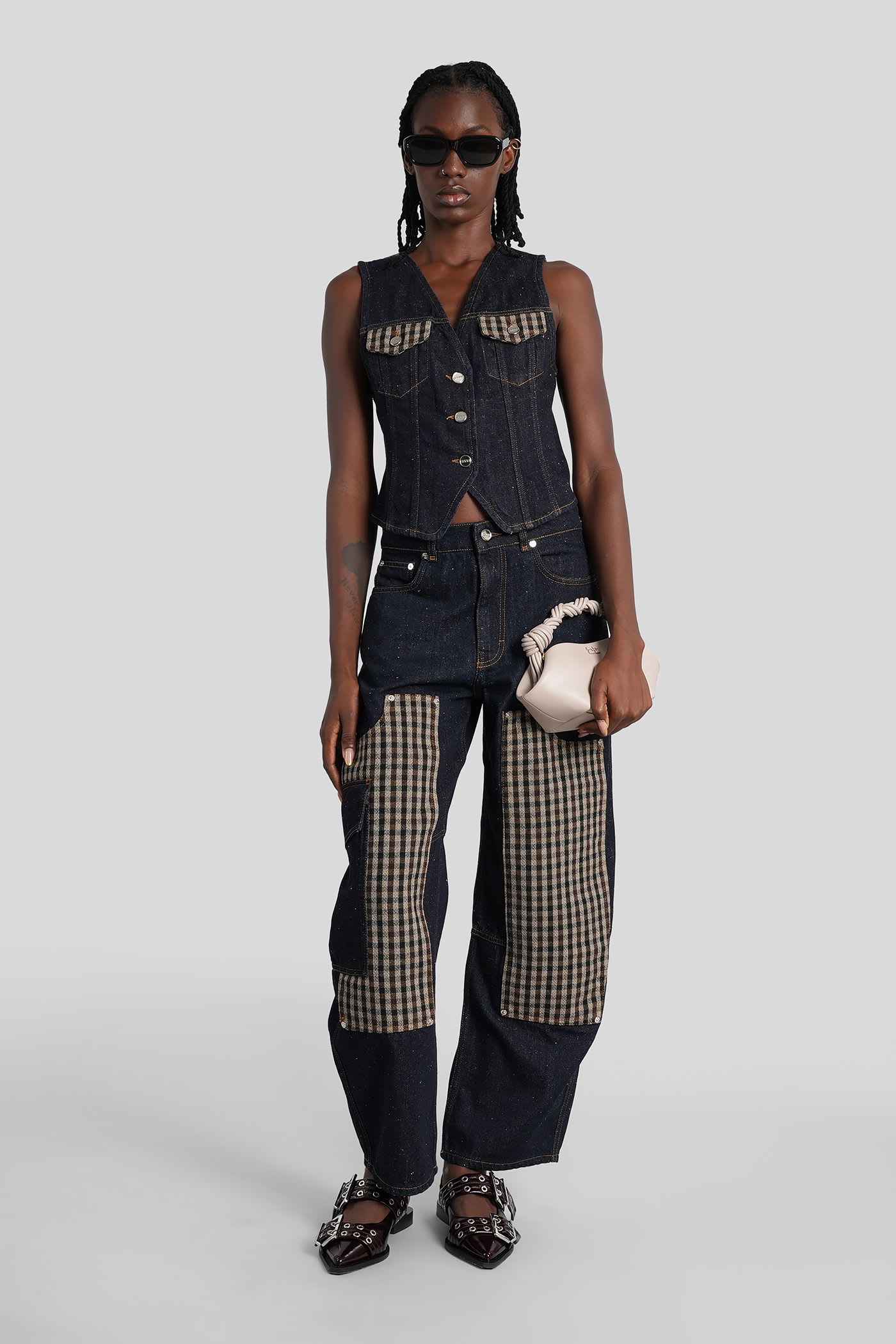 Ganni Neppy Checked Tweed-trimmed Organic Denim Vest In Blue