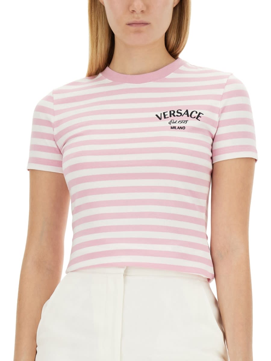Shop Versace Nautical Stripe T-shirt In Pink/white