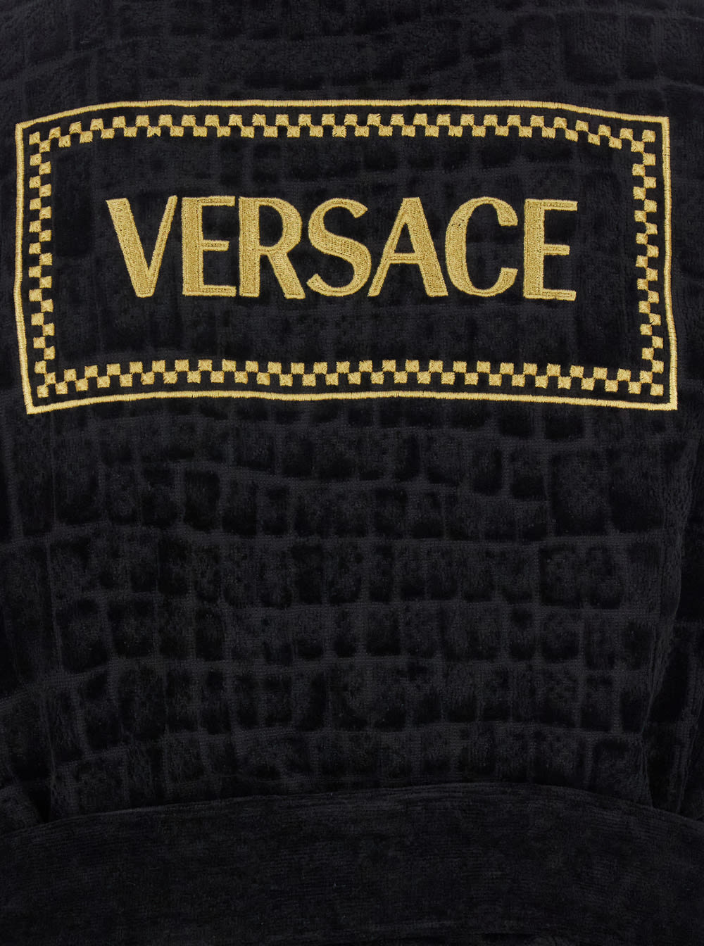 VERSACE BLACK BATHROBE WITH MEDUSA PLAQUE ON THE FRONT AND MAXI LOGO ON THE BACK IN COTTON HOME