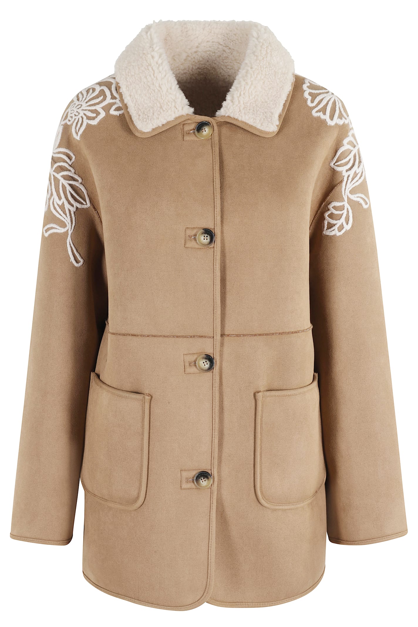 Ermanno Firenze Floral-embroidered Suede Jacket In Brown