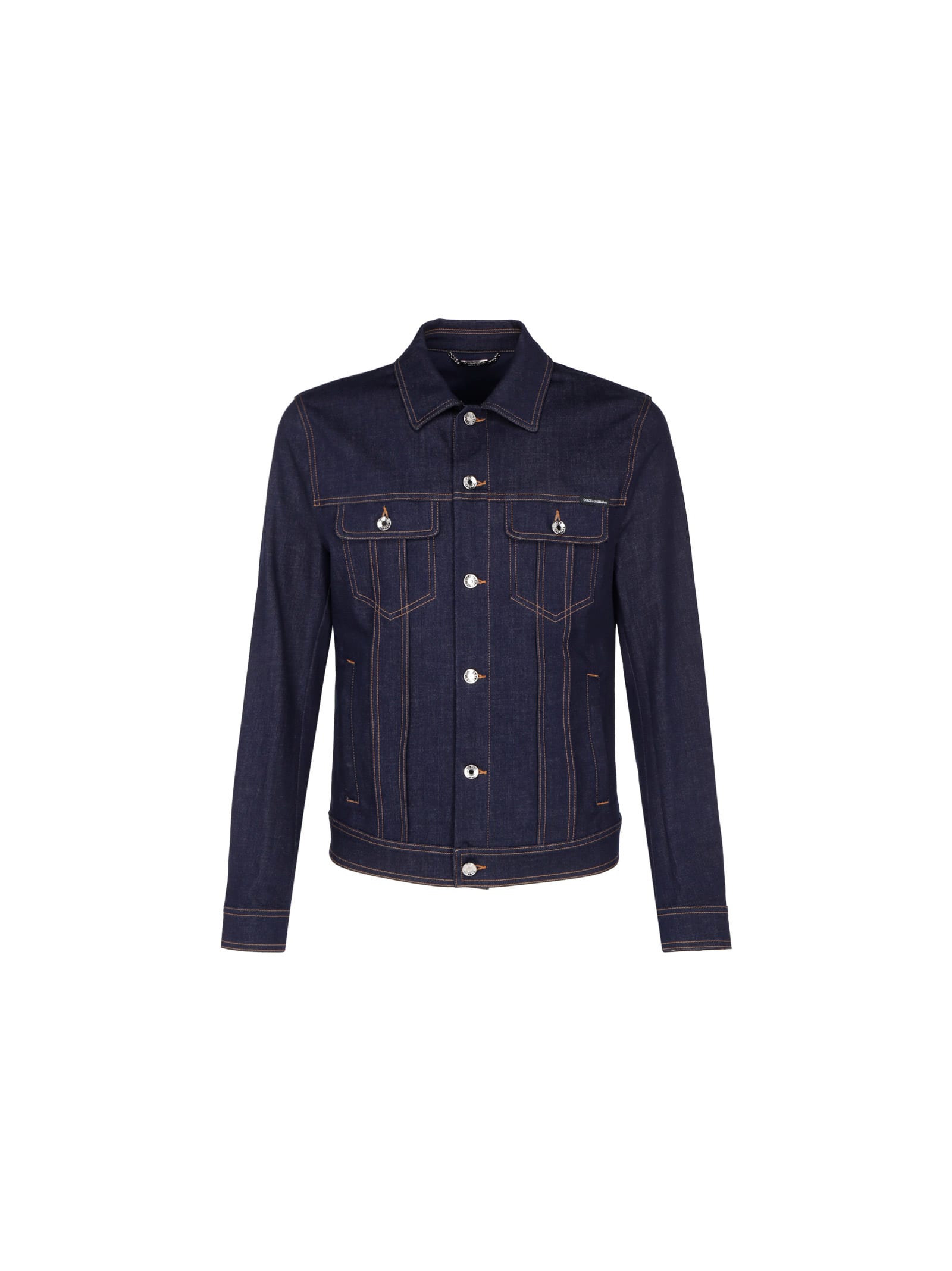 Dolce & Gabbana Dark Blue Jacket With Classic Collar And Contrasting Stitching