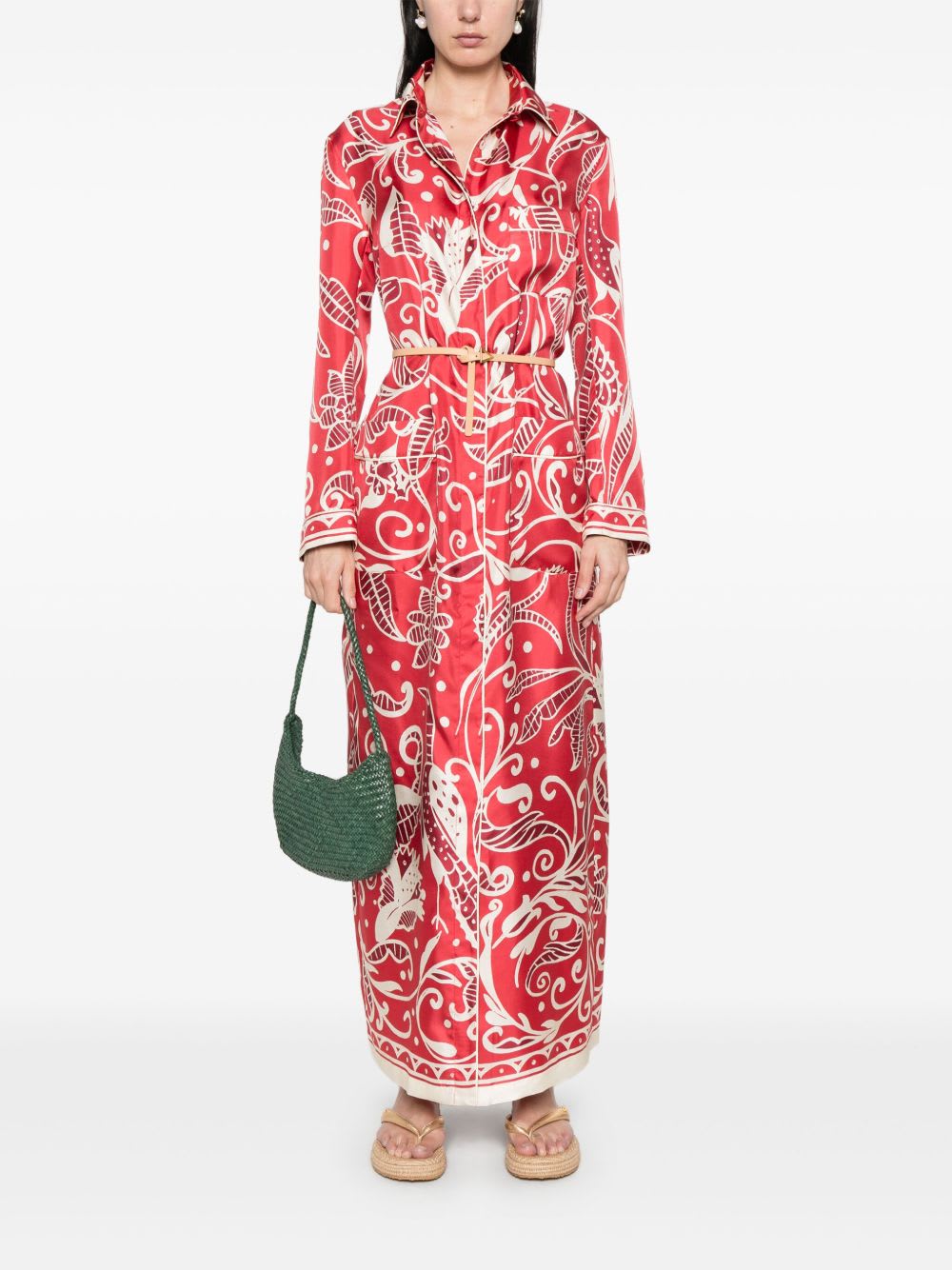 F.r.s For Restless Sleepers Printed Silk Long Shirtdress In Red