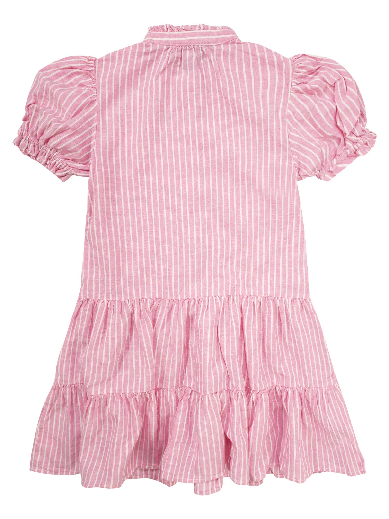 Polo Ralph Lauren Linen And Cotton Striped Dress With Flounces In Pink