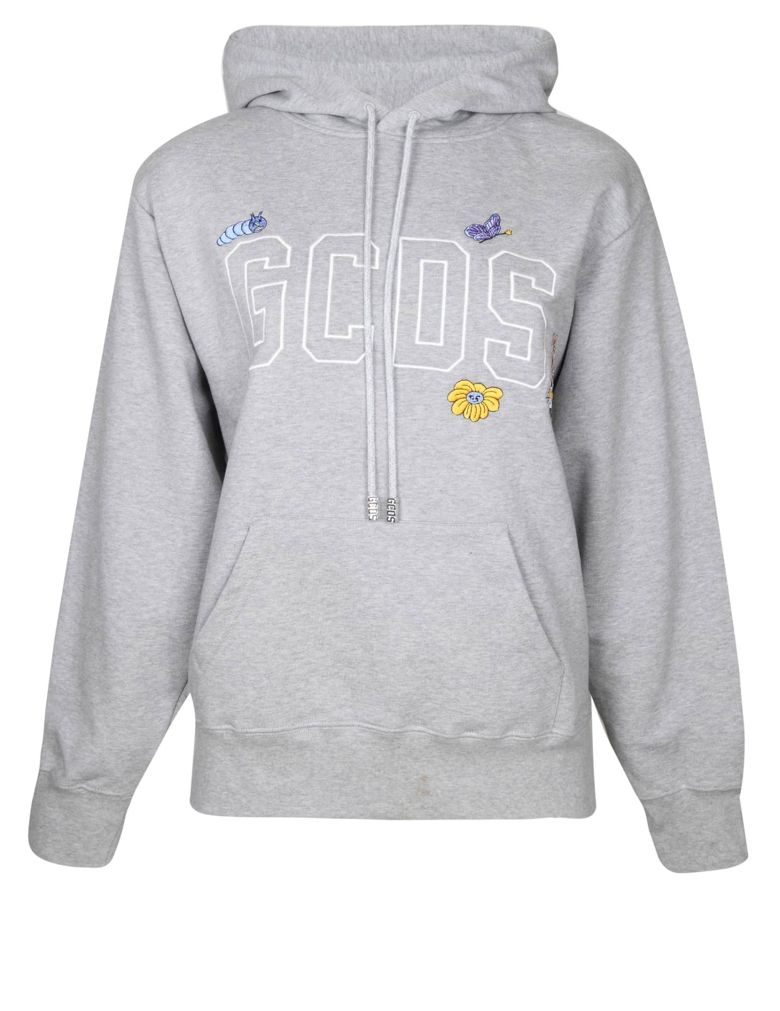 GCDS COTTON SWEATSHIRT WITH HOOD AND APPLIED EMBROIDERY