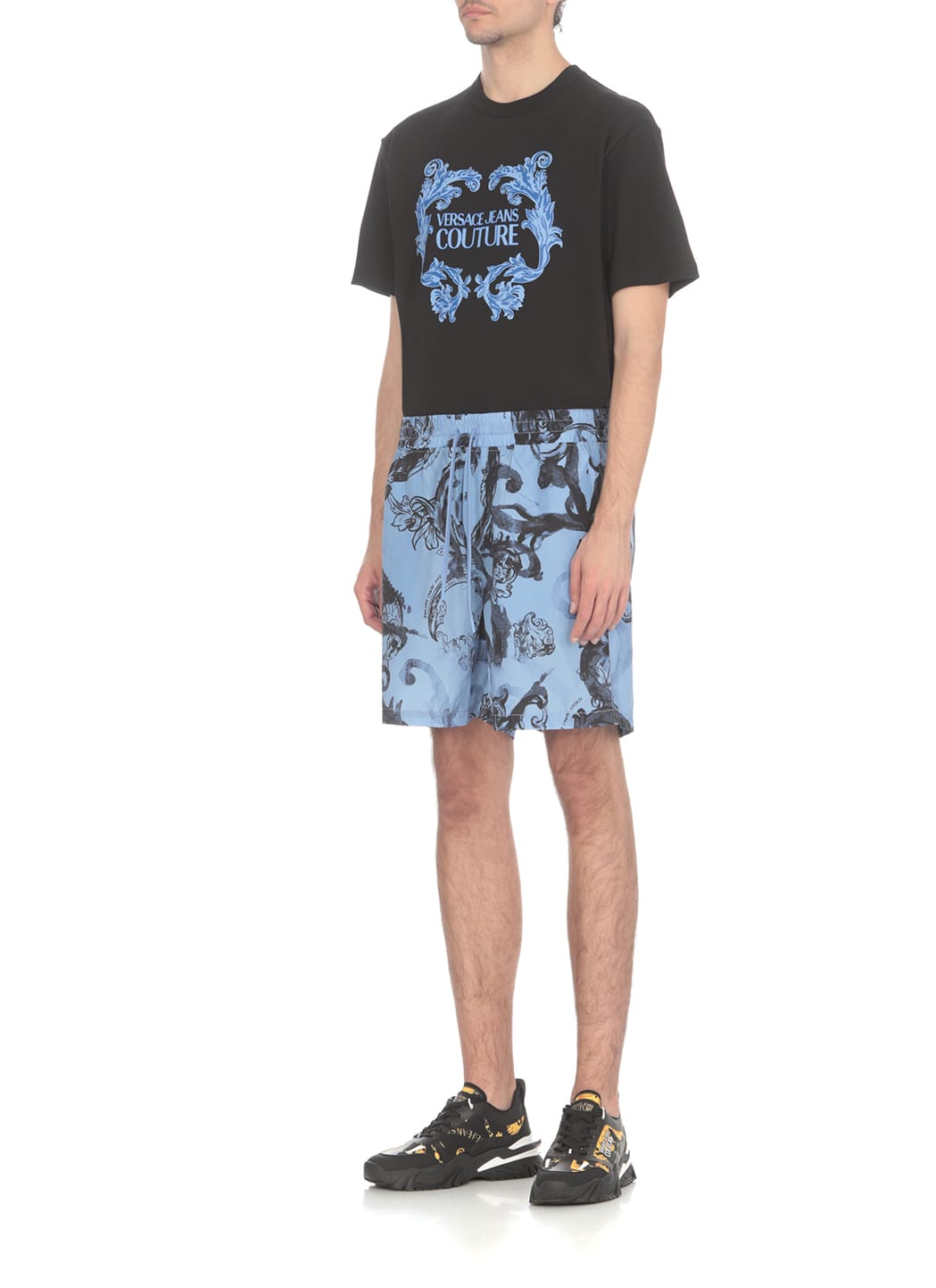 Shop Versace Jeans Couture Swim Trunks With Watercolor Print In Celeste