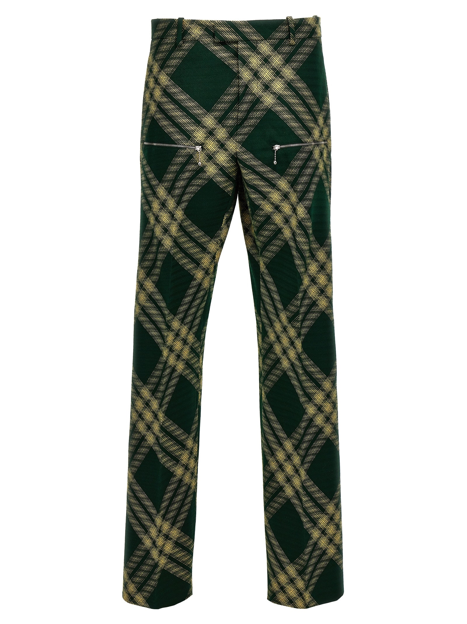 Shop Burberry Check Wool Pants In Green