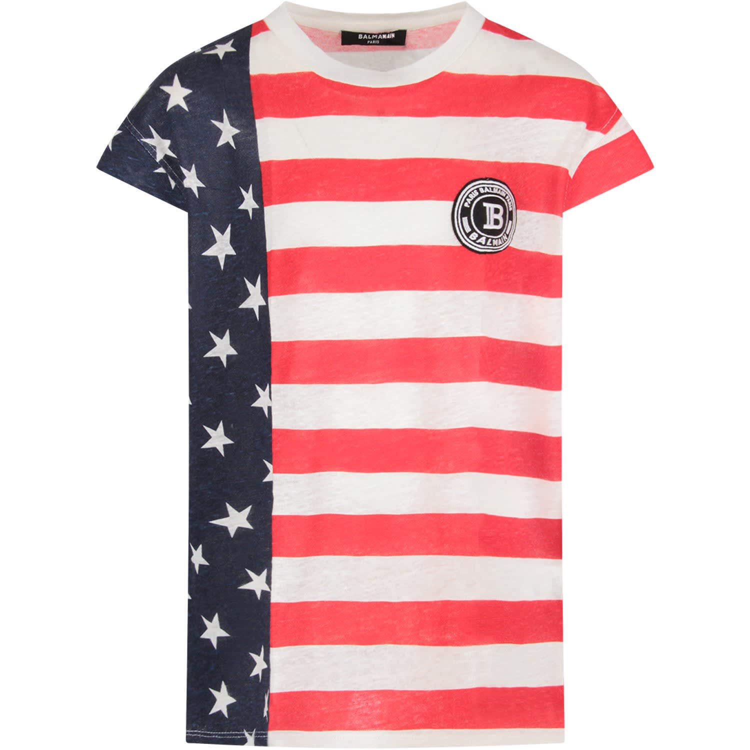Balmain Multicolor T-shirt For Kids With Logo In Red