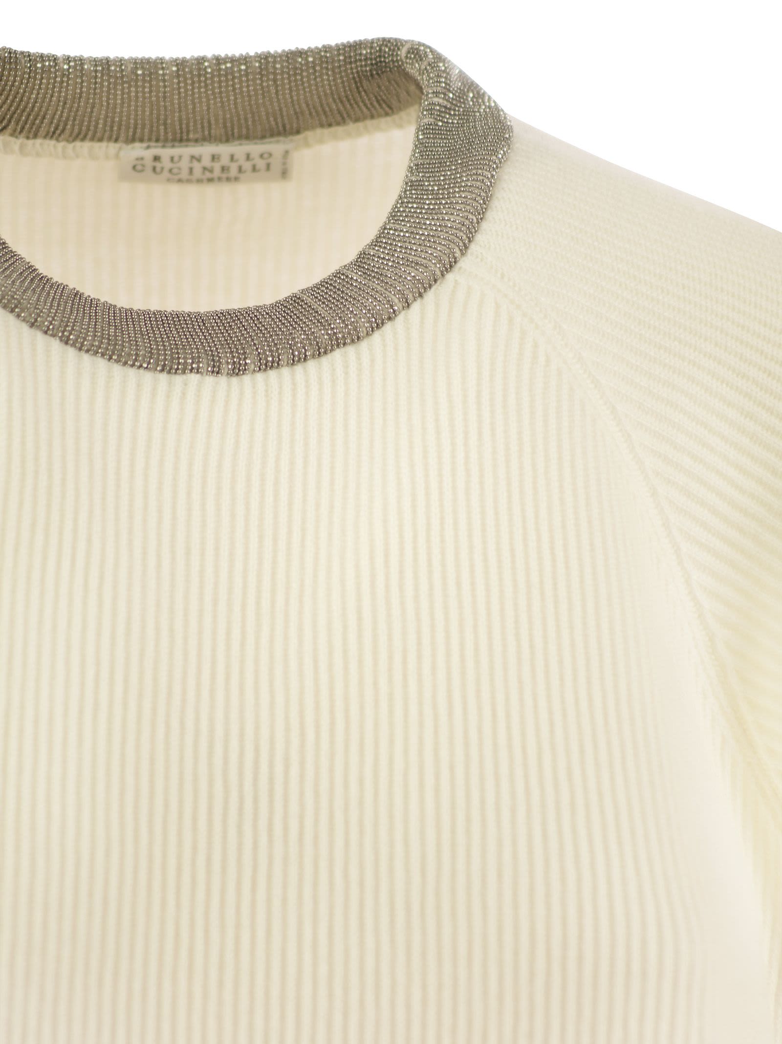 Shop Brunello Cucinelli Ribbed Cashmere Sweater With Necklace In White