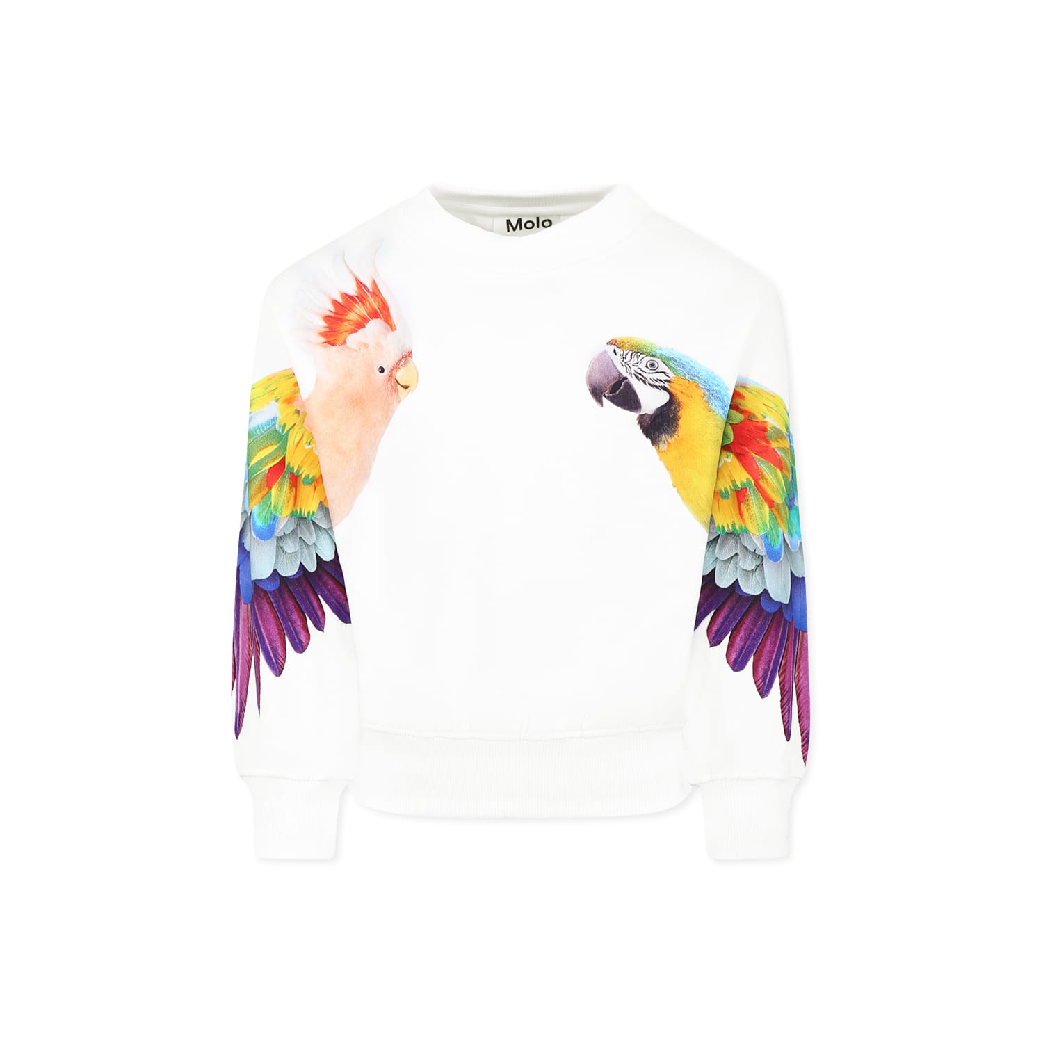 Molo White Sweatshirt For Girl With Parrot In White