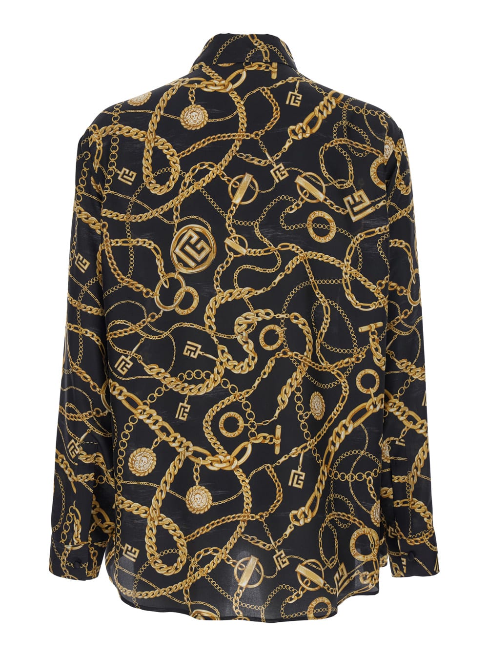 Balmain Black Shirt With Pointed Collar And Chain Print With Logo In Silk Man In Black