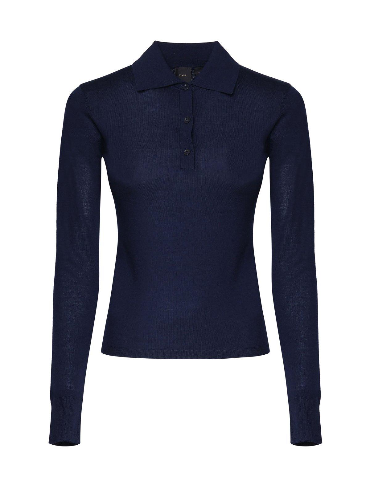 Shop Pinko Liquoroso Long-sleeved Knitted Polo Shirt  In Blue