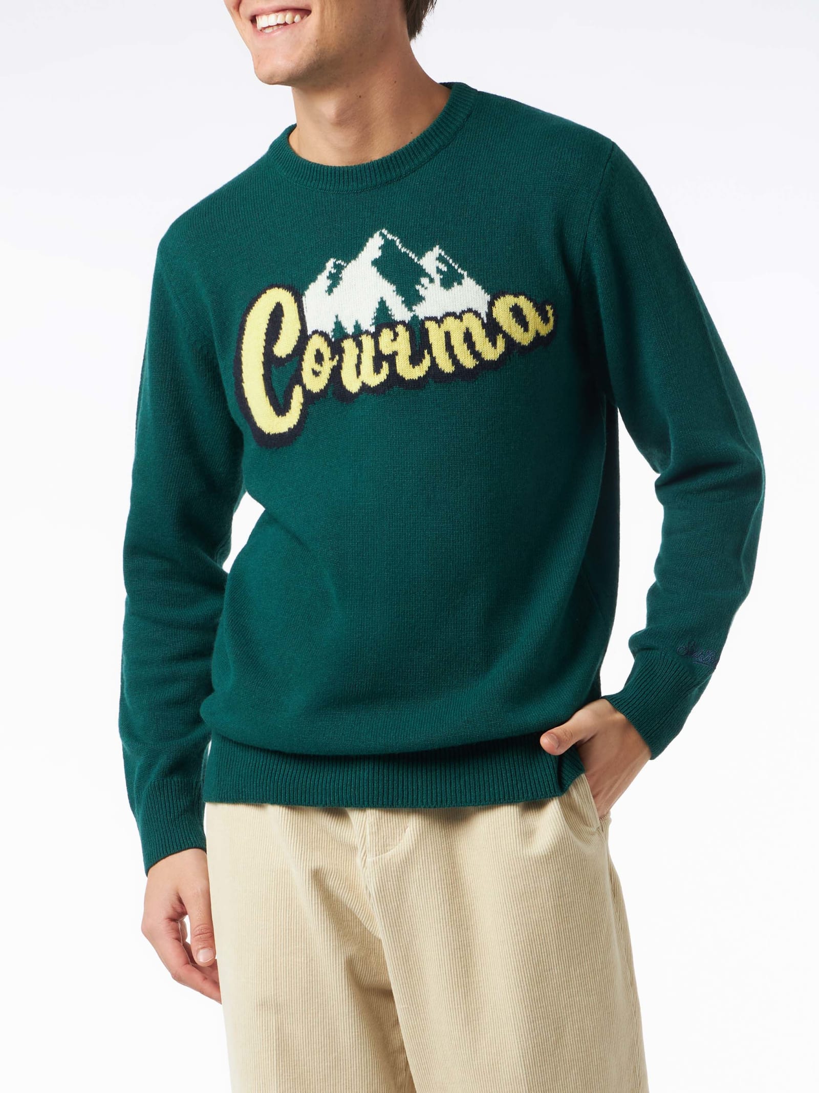 Shop Mc2 Saint Barth Man Crewneck Sweater With Courma Mountains Jacquard In Green