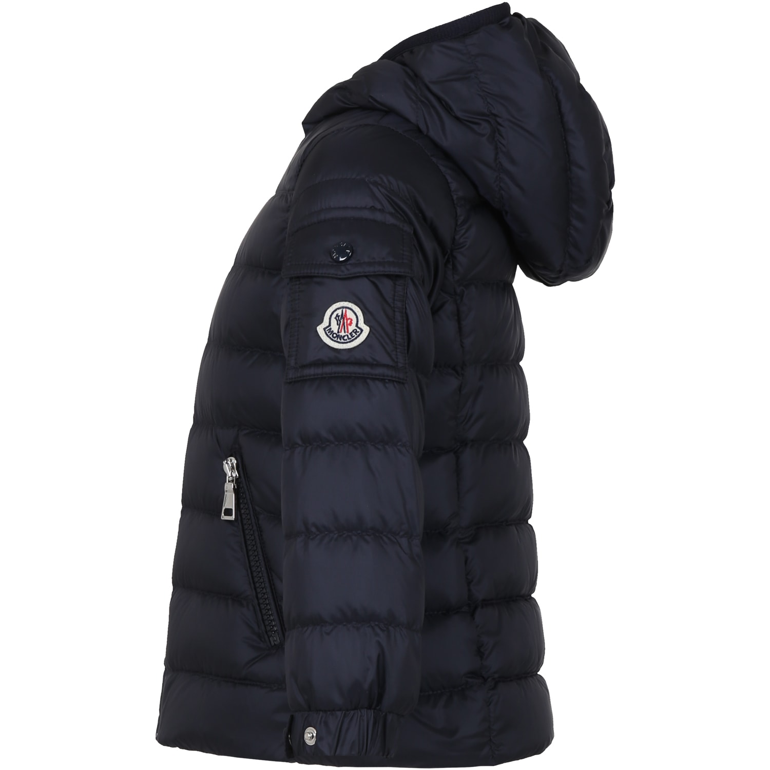 Shop Moncler Down Jacket With Hood For Girl In Blue