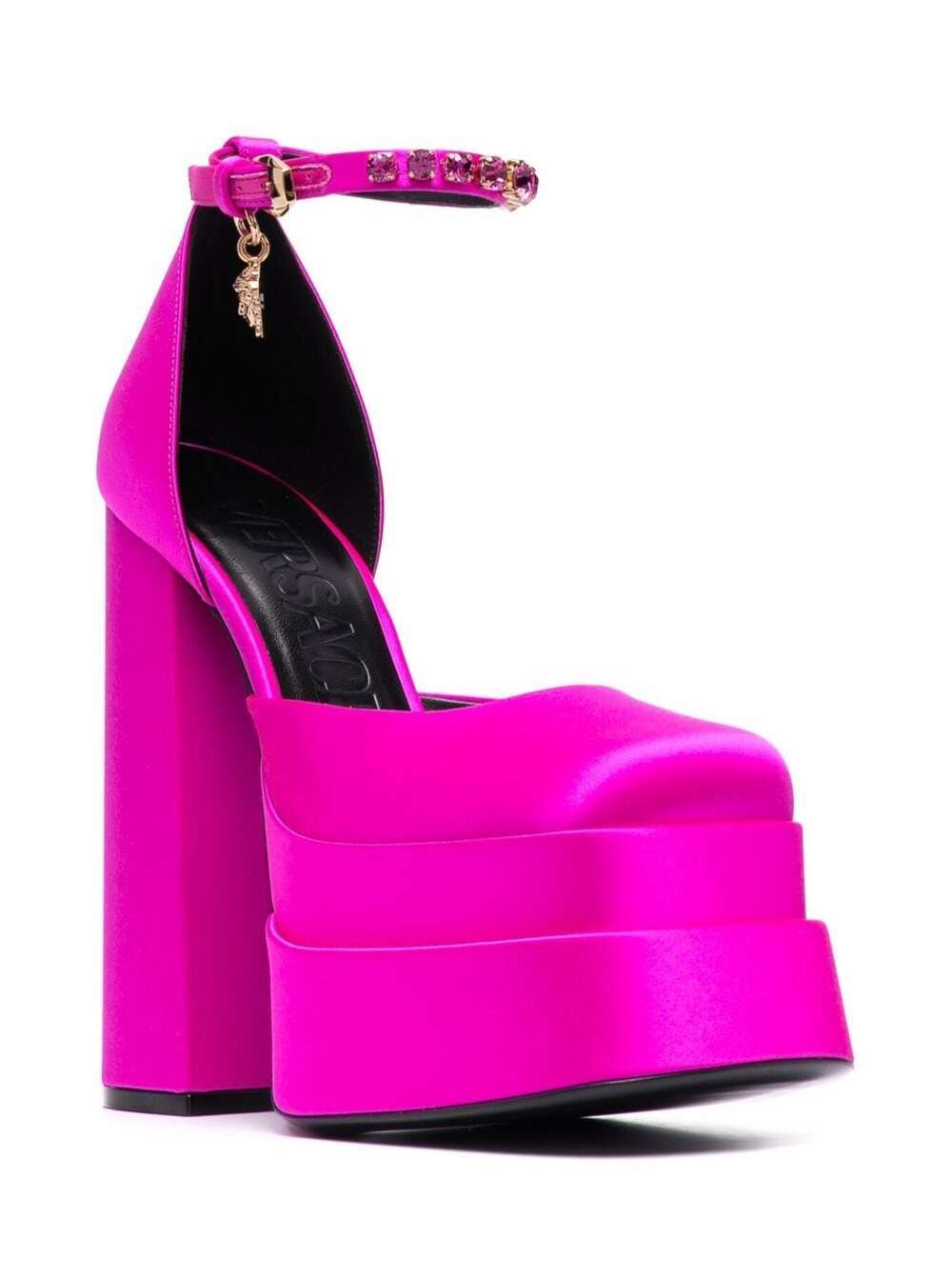Shop Versace Aevitas Fuchsia Pumps With Medusa Charm And Platform In Silk Blend Woman In Fuxia