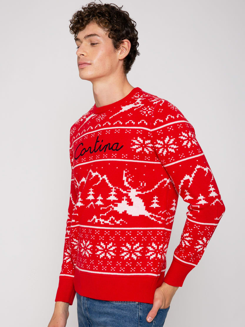 Mc2 Saint Barth Man Sweater Norwgian Style With Cortina Embroidery In Red