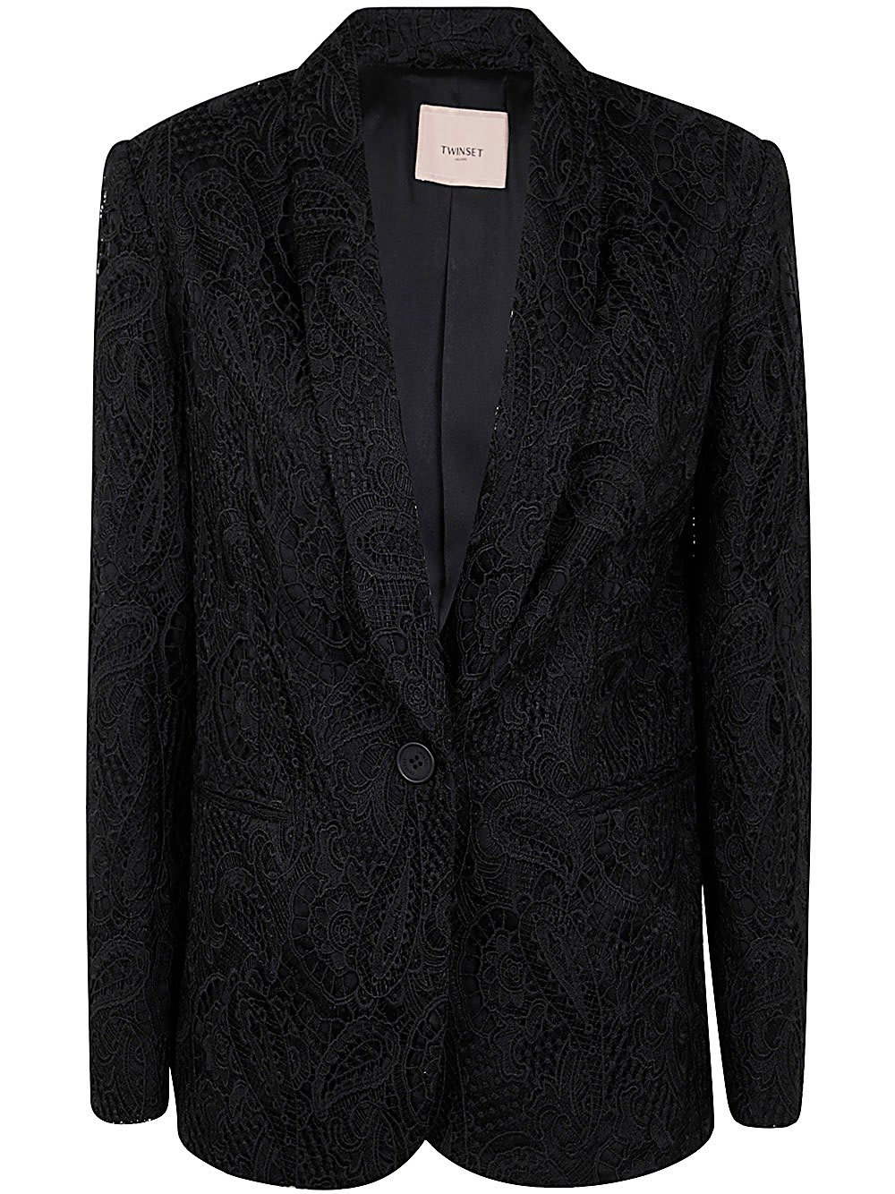 Shop Twinset Macramé Lace Blazer In Black