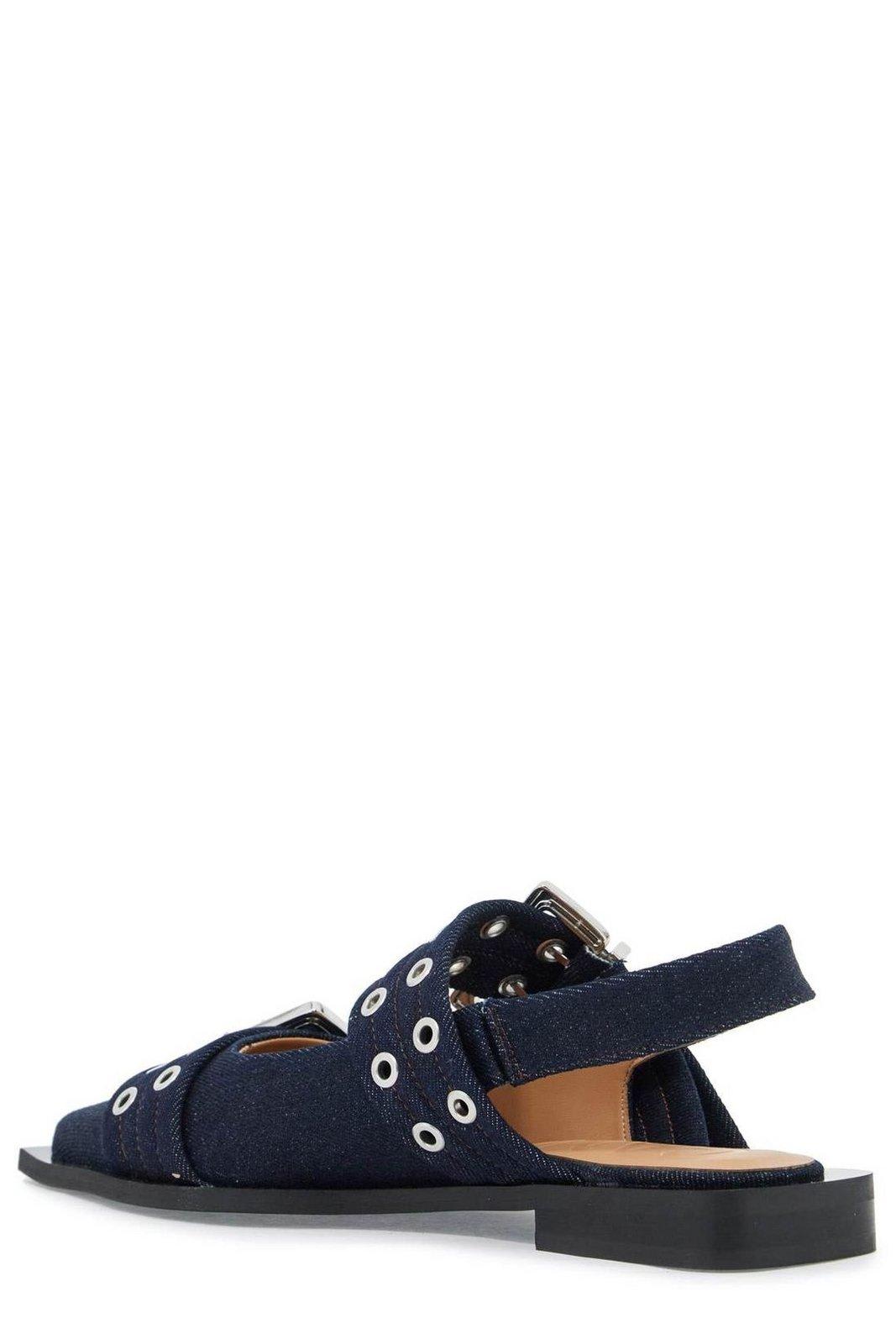 Shop Ganni Double-buckled Denim Ballerina Shoes In Dark Navy