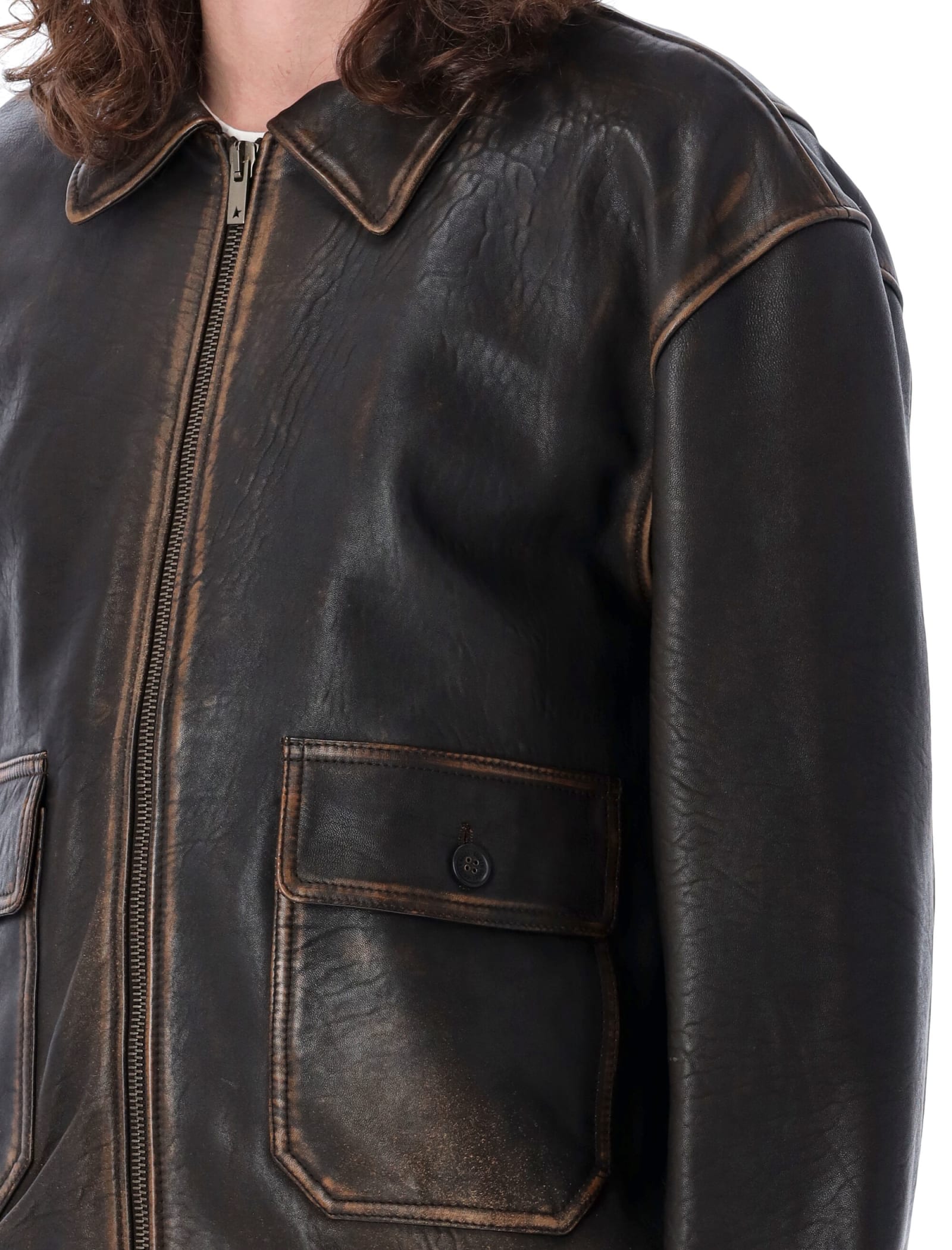 Shop Golden Goose Bomber Leather Jacket In Brown