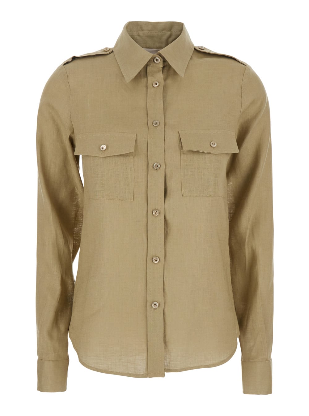 Beige Shirt With Pointed Collar And Patch Pockets On The Chest In Linen Woman