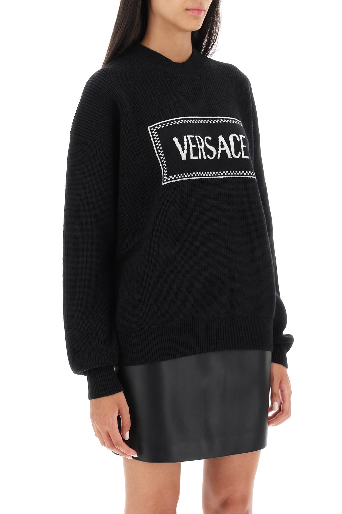 Shop Versace Crew-neck Sweater With Logo Inlay In Black White (black)