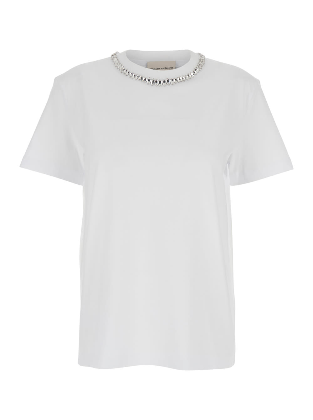 White Round Neck T-shirt With Metallic Decorations In Cotton Woman