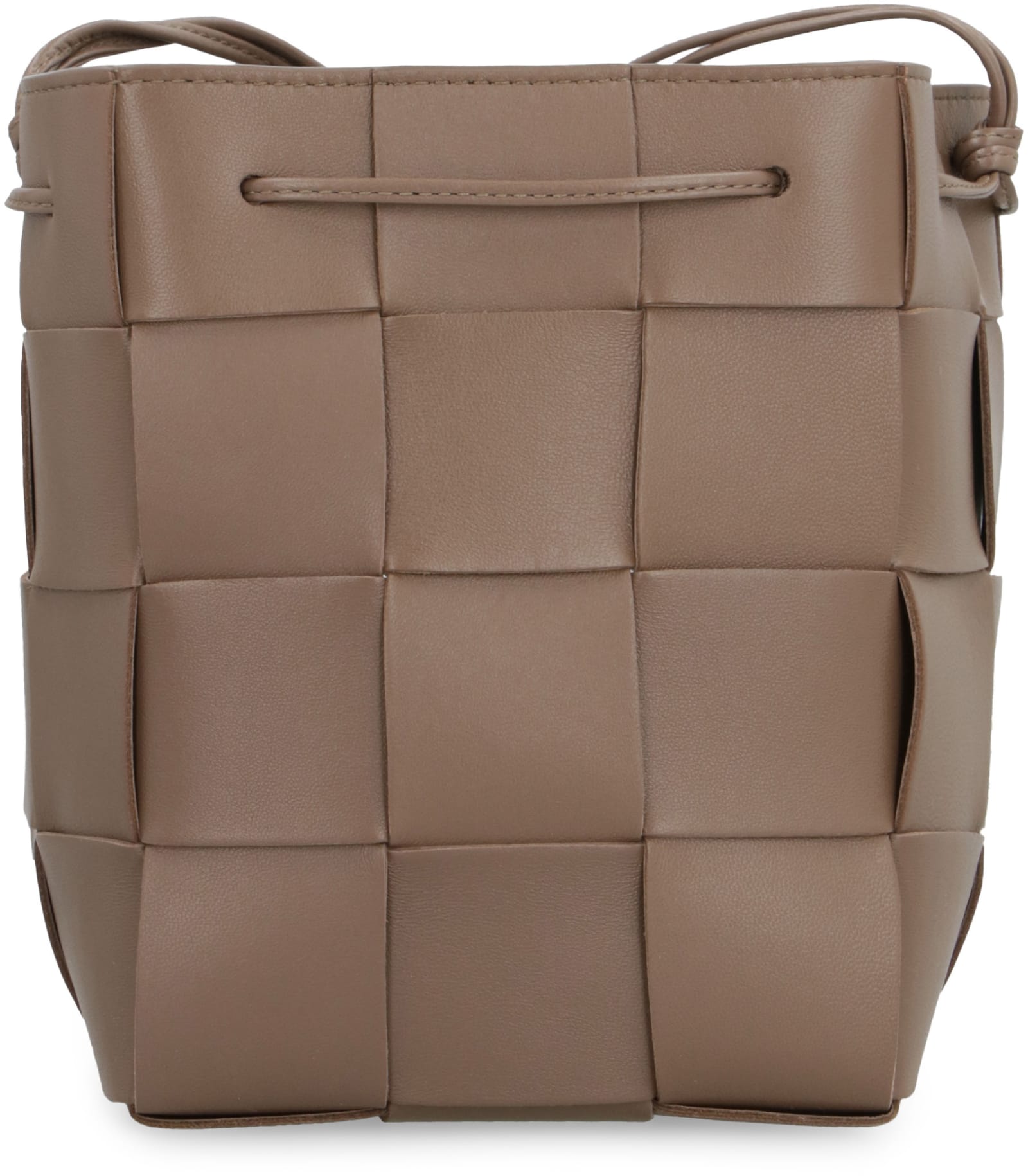 Shop Bottega Veneta Cassette Leather Bucket Bag In Taupe Grey-gold