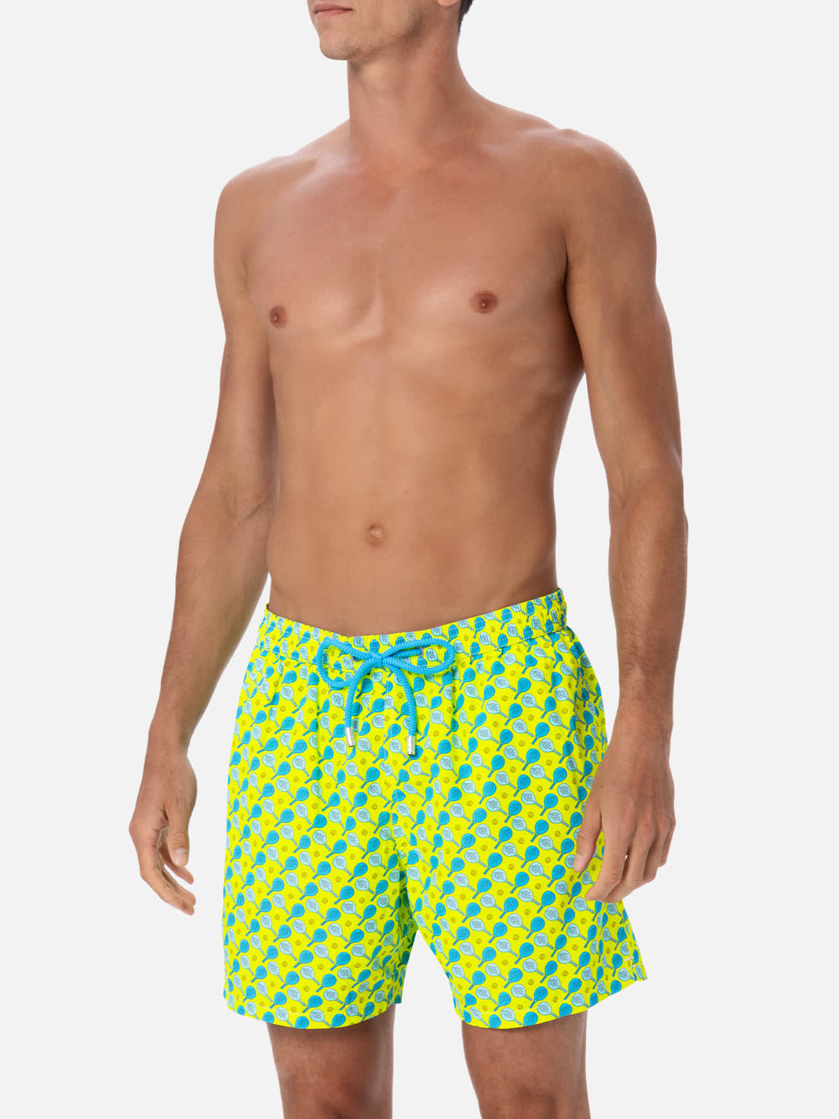 Mc2 Saint Barth Man Lightweight Fabric Swim-shorts Lighting Micro Fantasy With Padel Print In Yellow