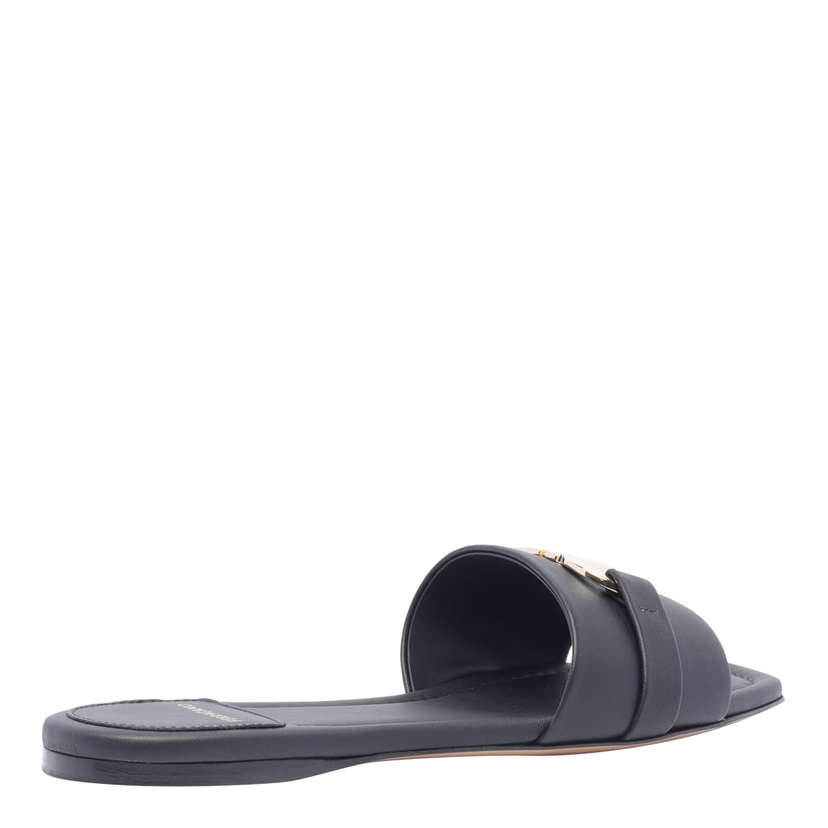 Ferragamo Leather Slides With Flat Sole And Gold-tone Hardware In Black