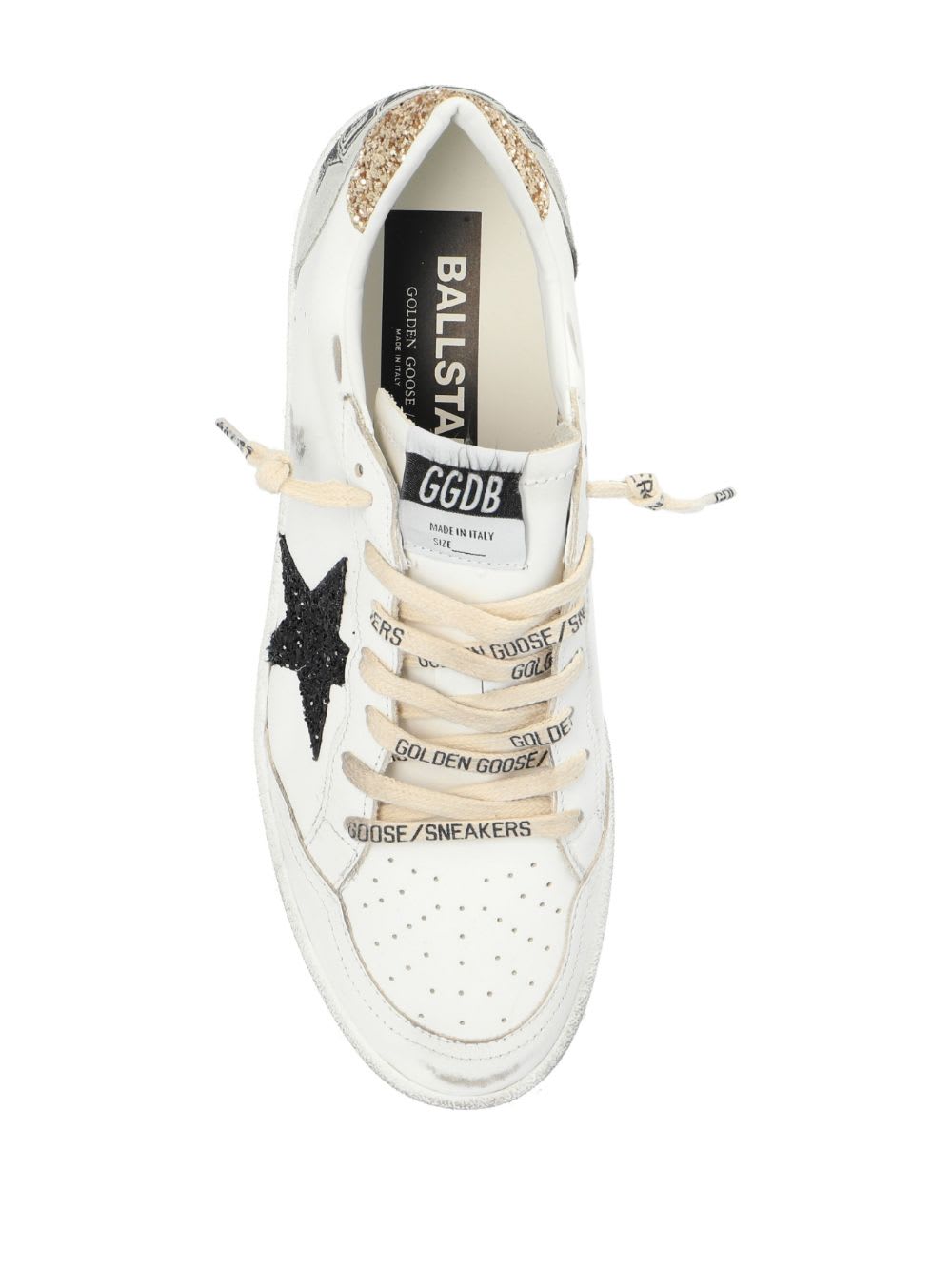 Golden Goose Ballstar White Low Top Sneakers With Glittered Star Patch On The Side And Glittered Heel With Logo L