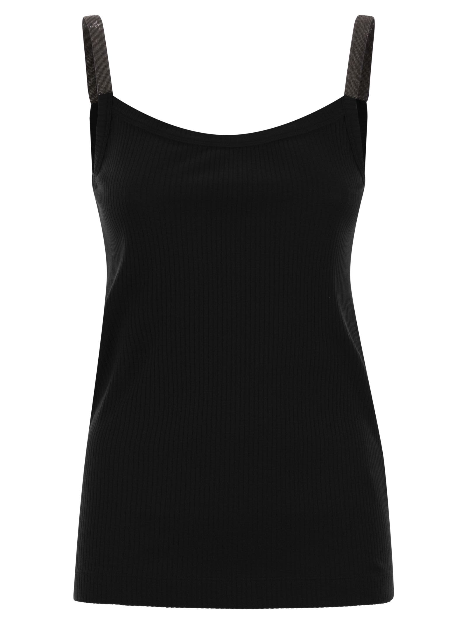 Brunello Cucinelli Stretch Cotton Ribbed Jersey Top With Precious Straps In Black
