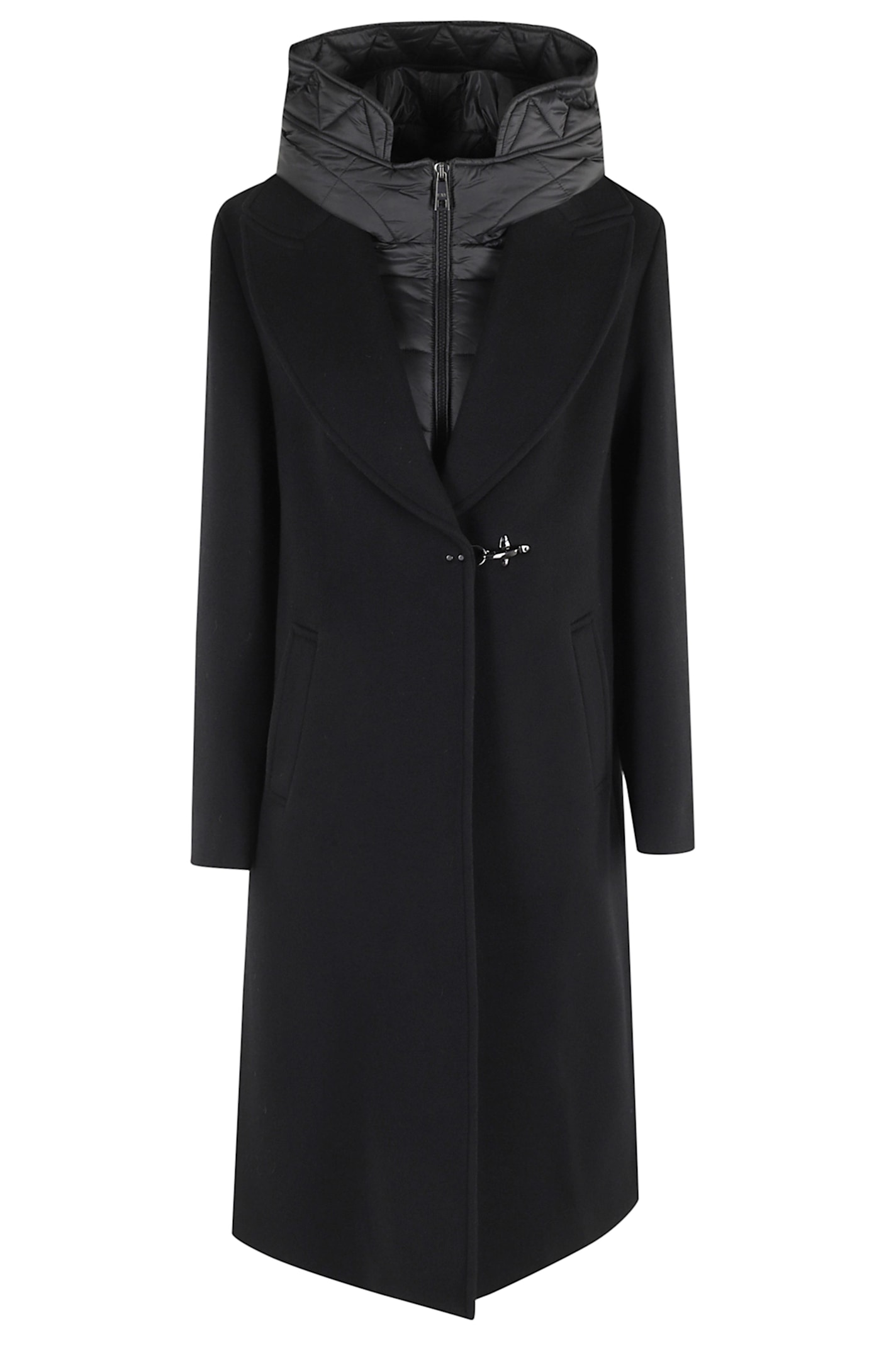 Fay Long Black Coat With Quilted Bib