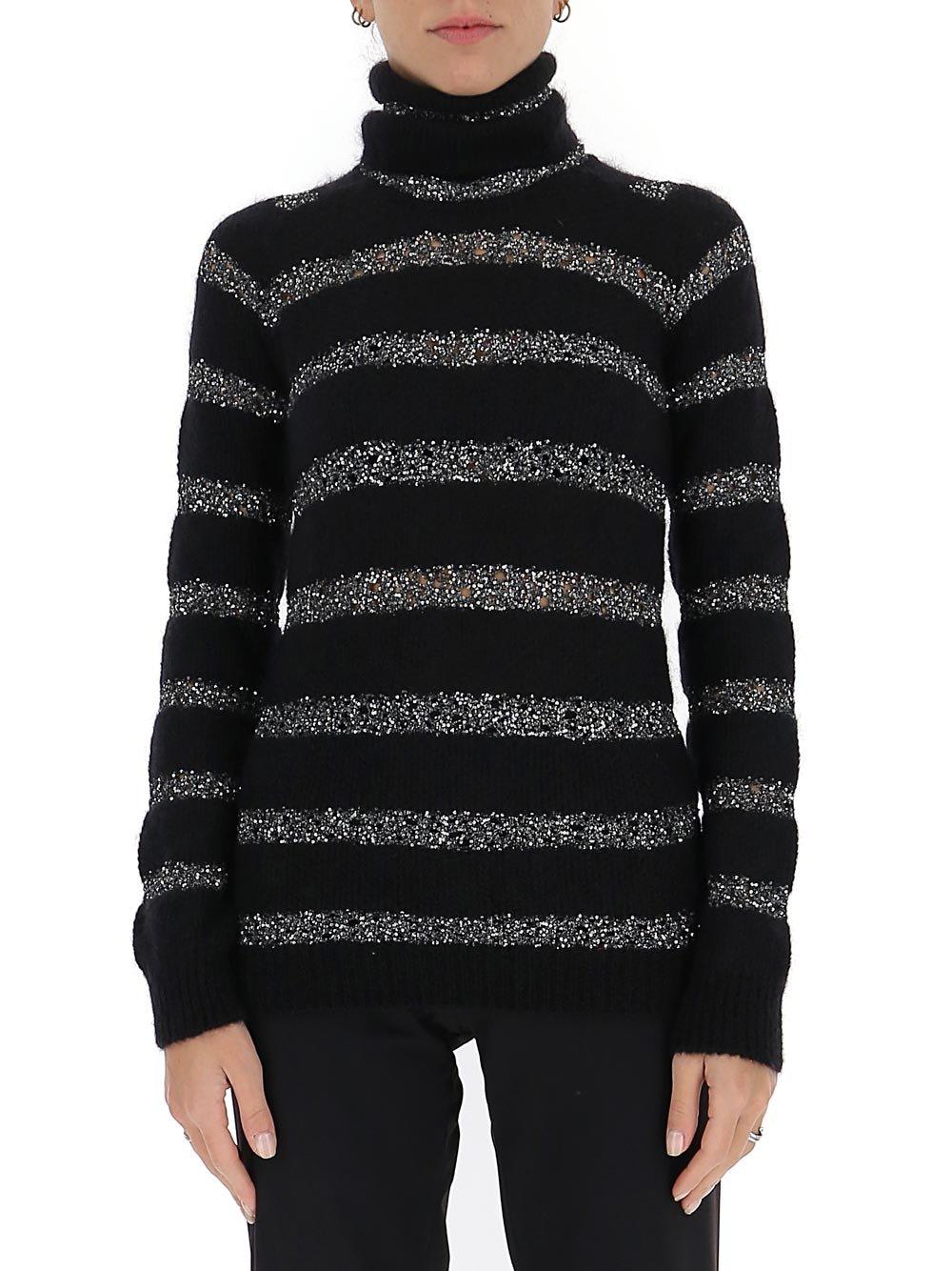 Shop Saint Laurent Striped Lurex Turtleneck Sweater In Black