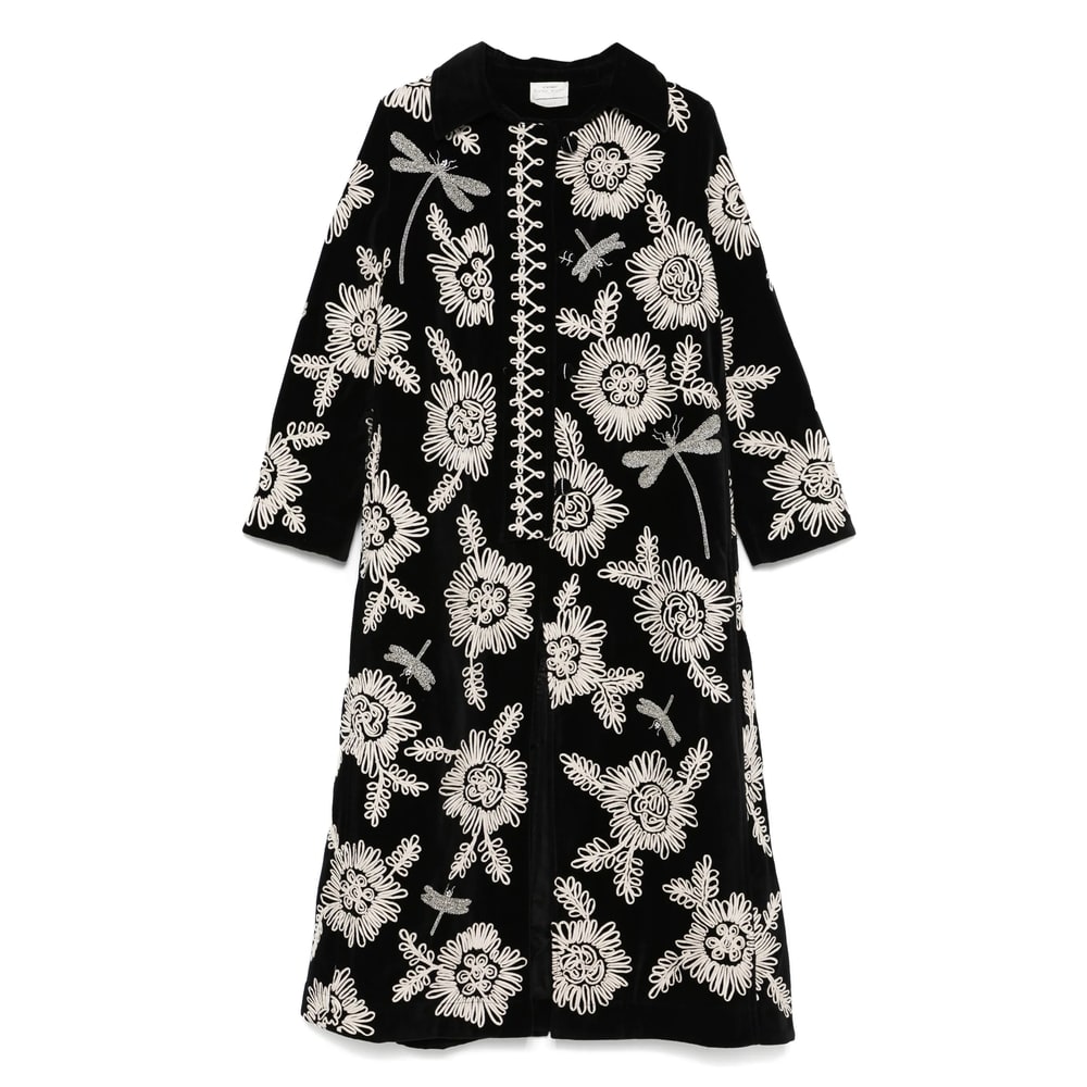 Forte Forte Long Coat With Floral Embroidery And Pockets In Black