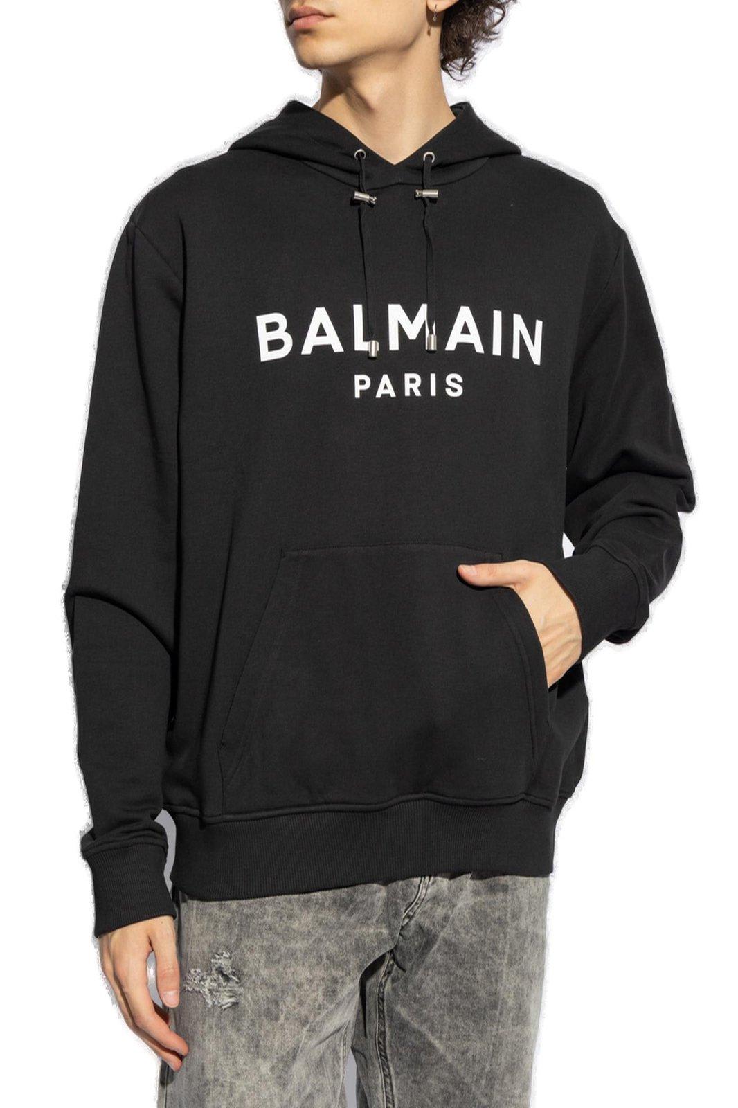 Shop Balmain Logo Printed Drawstring Sweatshirt In Black
