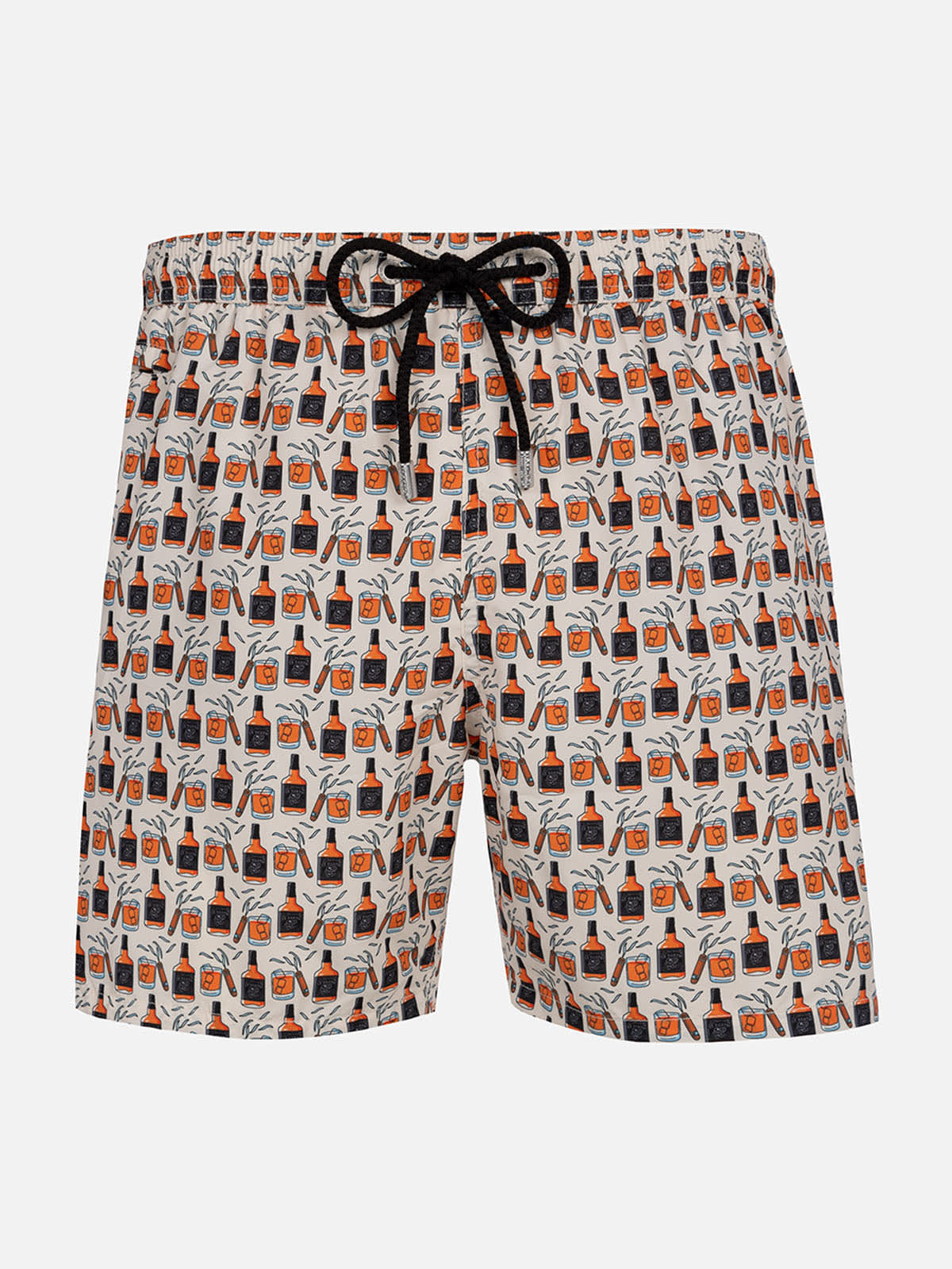Mc2 Saint Barth Man Lightweight Fabric Swim-shorts Lighting Micro Fantasy With Whisky And Cigars Print In Brown